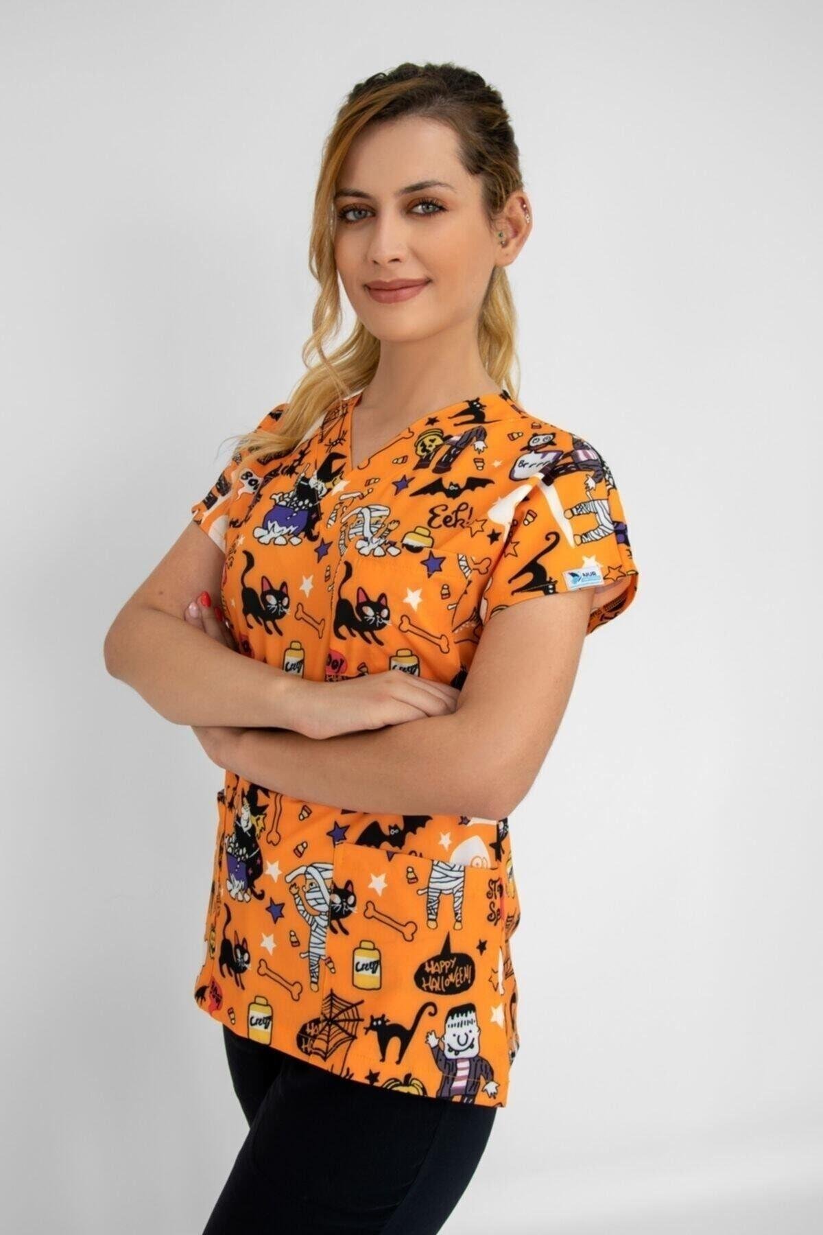 Unisex Cadılar Bayramı Temalı Likralı Alt Üst Forma Takım-Nur Medikal Giyim