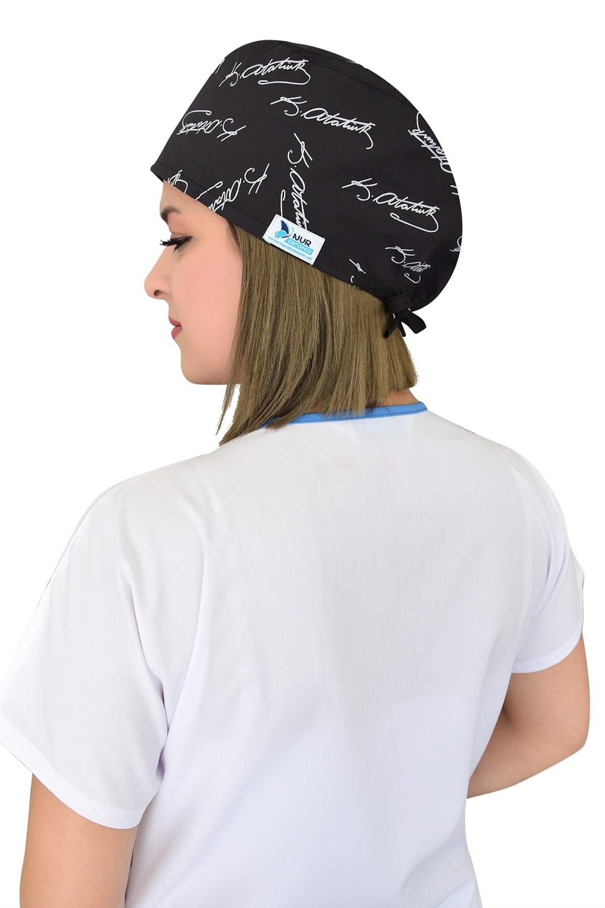 Unisex Çoklu Siyah Atatürk İmza Desen Cerrahi Bone Doktor Saç Bonesi-Nur Medikal Giyim