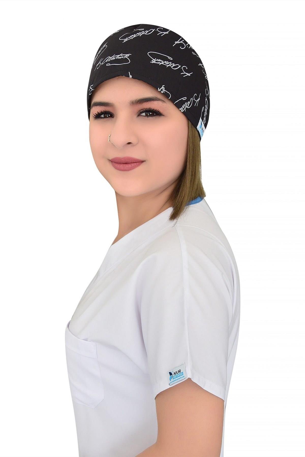 Unisex Çoklu Siyah Atatürk İmza Desen Cerrahi Bone Doktor Saç Bonesi-Nur Medikal Giyim