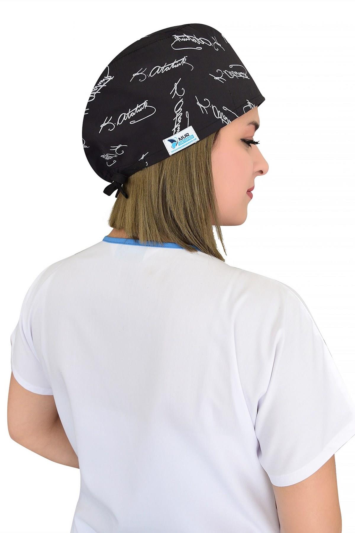 Unisex Çoklu Siyah Atatürk İmza Desen Cerrahi Bone Doktor Saç Bonesi-Nur Medikal Giyim