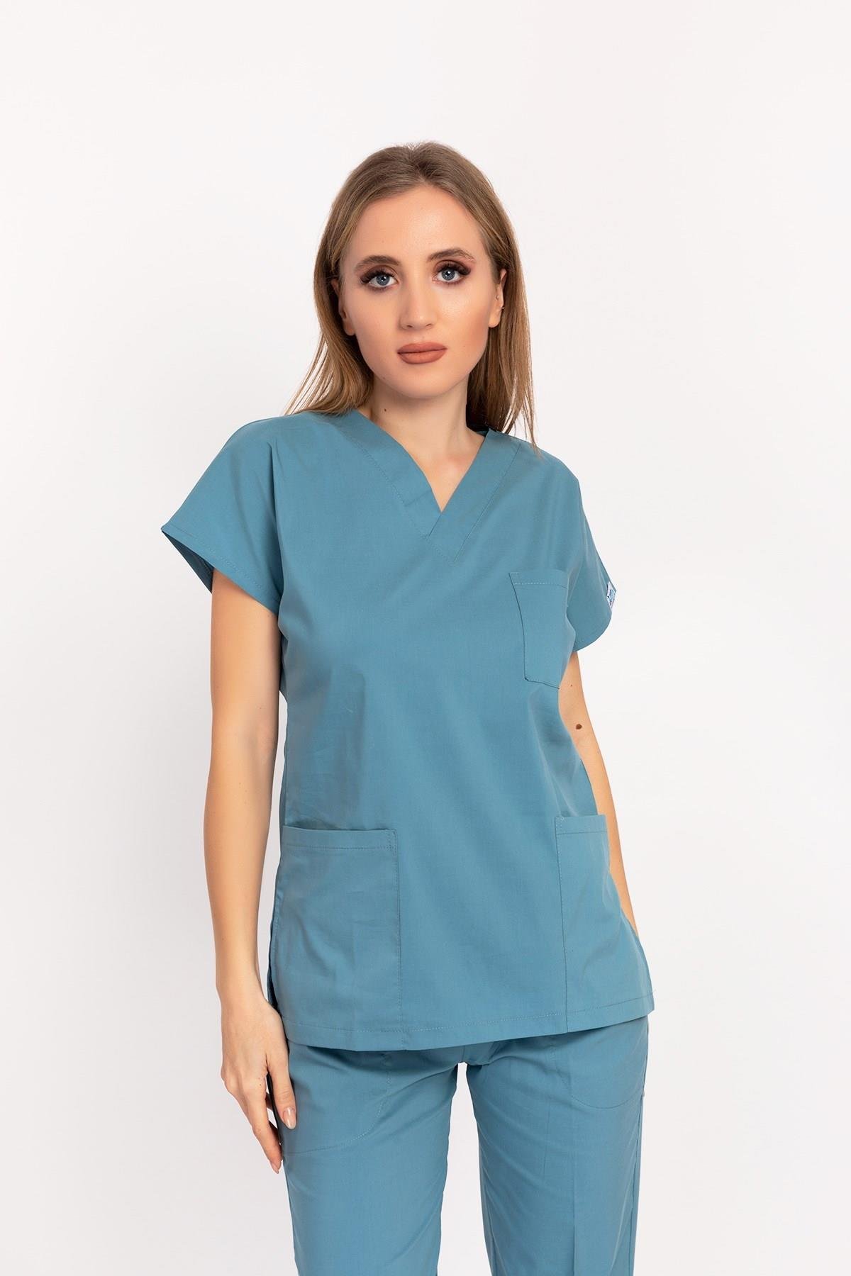 Unisex Cool Petrol Mavi Likralı Doktor Hemşire Cerrahi Scrubs Tek Üst Forma-Nur Medikal Giyim