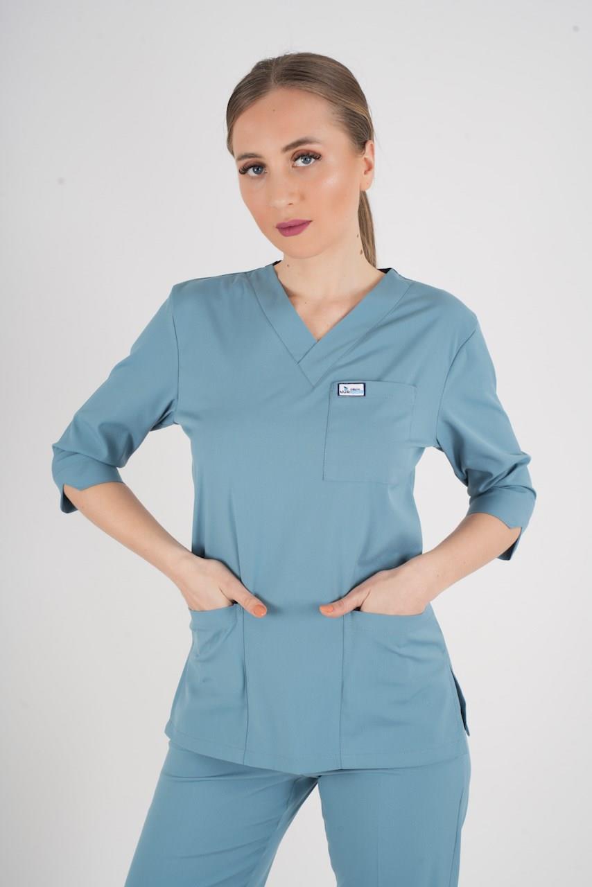 Unisex Cool Petrol Mavi Violet Model Scrubs Takım Doktor Hemşire Üniforması-Nur Medikal Giyim