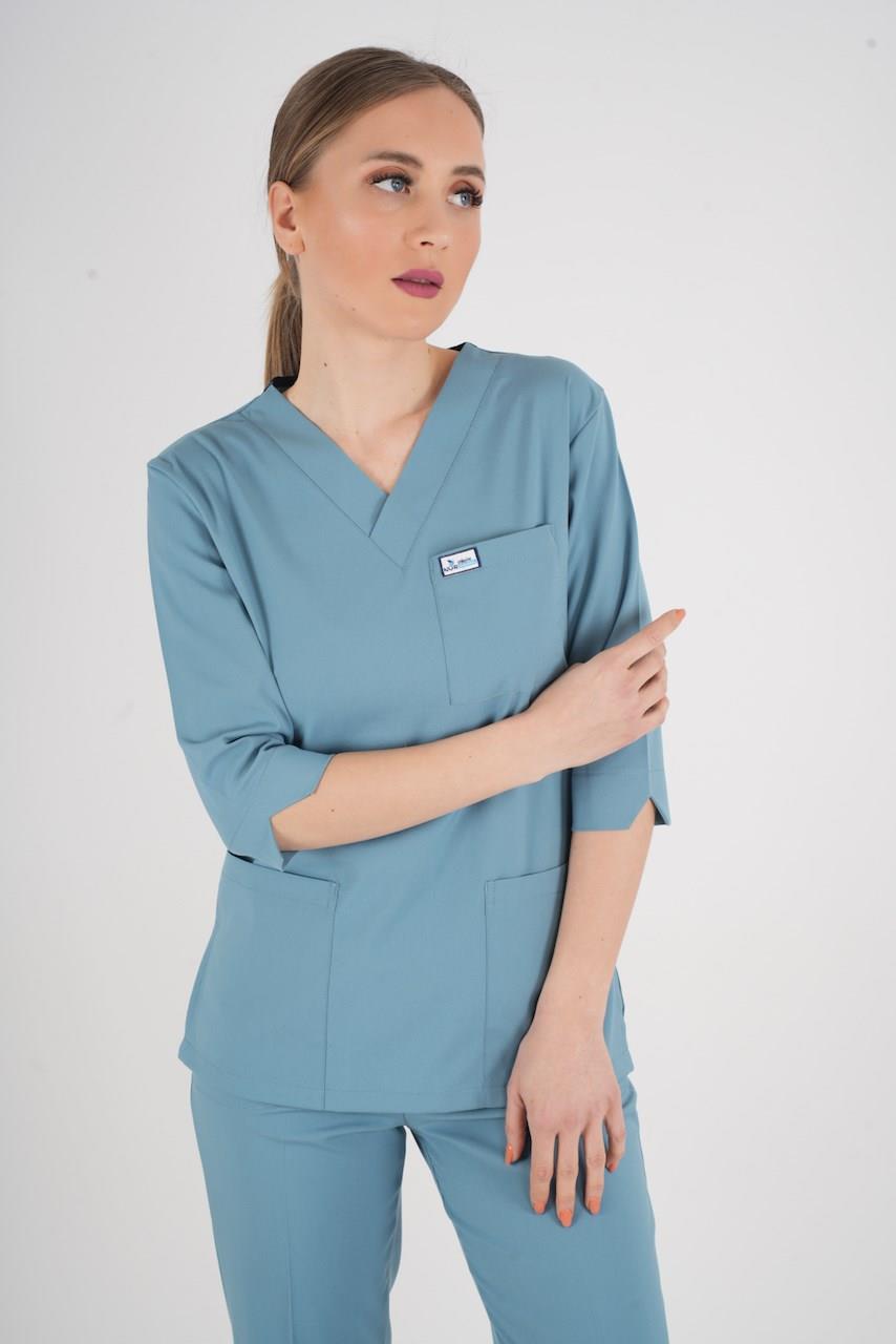 Unisex Cool Petrol Mavi Violet Model Scrubs Takım Doktor Hemşire Üniforması-Nur Medikal Giyim