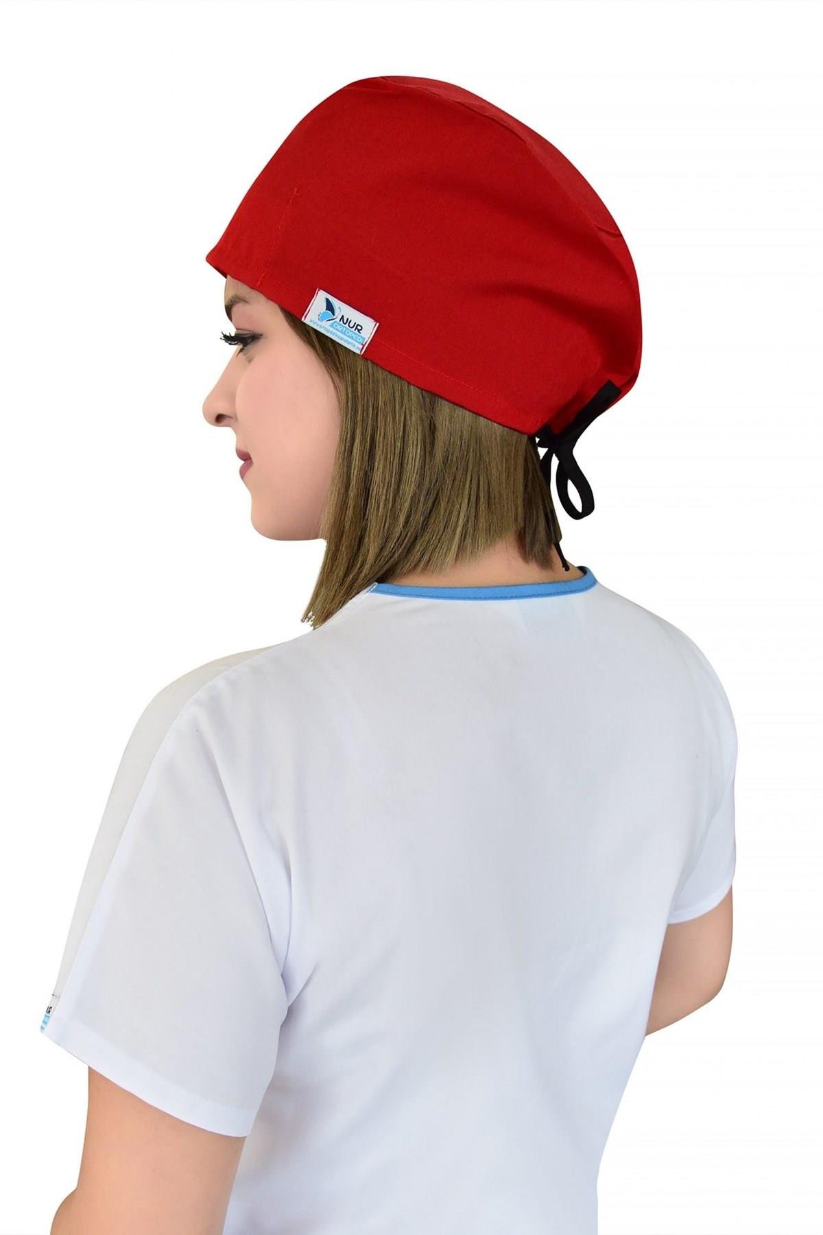Unisex Düz Kırmızı Renk Cerrahi Bone Hemşire Doktor Saç Bonesi-Nur Medikal Giyim