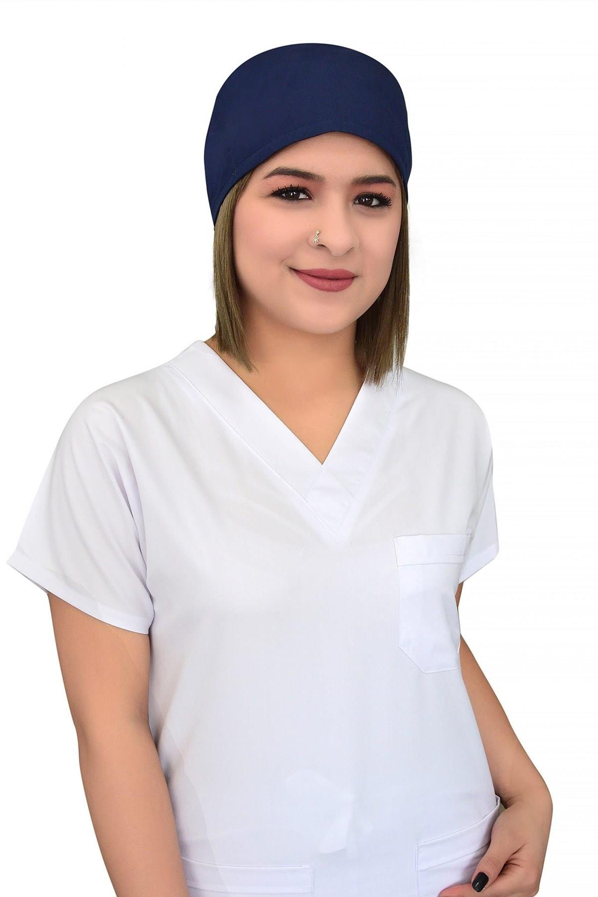 Unisex Düz Lacivert Renk Cerrahi Bone Hemşire Doktor Saç Bonesi-Nur Medikal Giyim