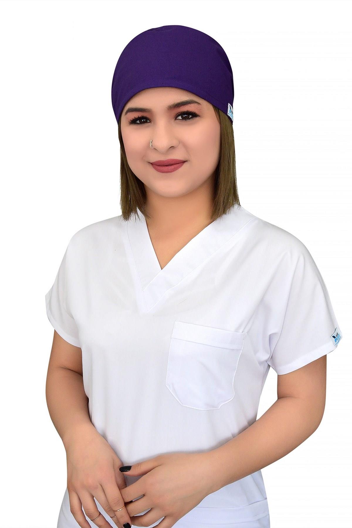 Unisex Düz Mor Renk Cerrahi Bone Hemşire Doktor Ameliyat Saç Bonesi-Nur Medikal Giyim