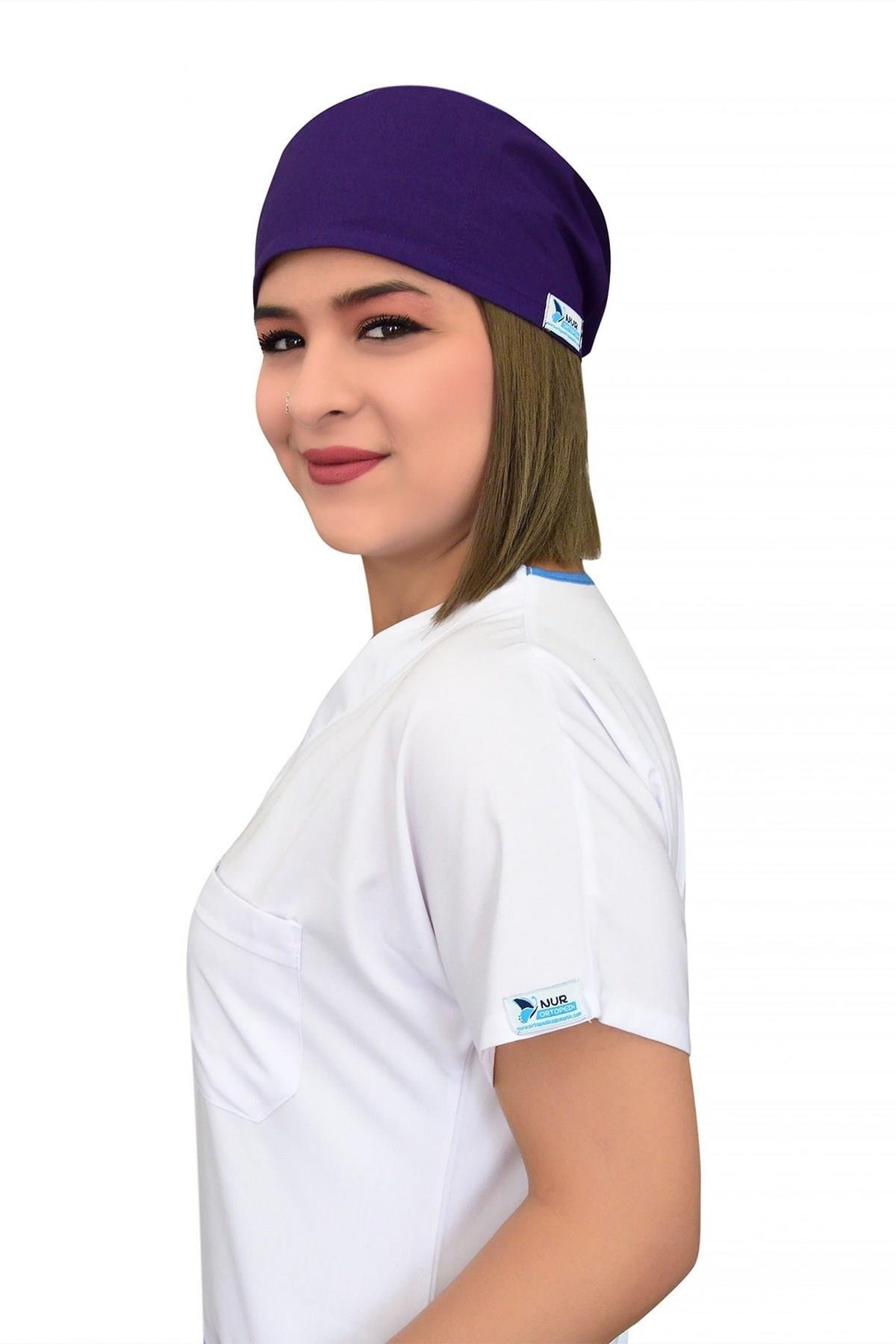 Unisex Düz Mor Renk Cerrahi Bone Hemşire Doktor Ameliyat Saç Bonesi-Nur Medikal Giyim
