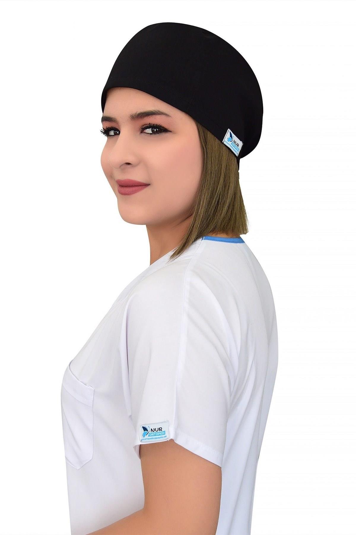 Unisex Düz Siyah Renk Ameliyat Bonesi Hemşire Doktor Saç Bonesi-Nur Medikal Giyim