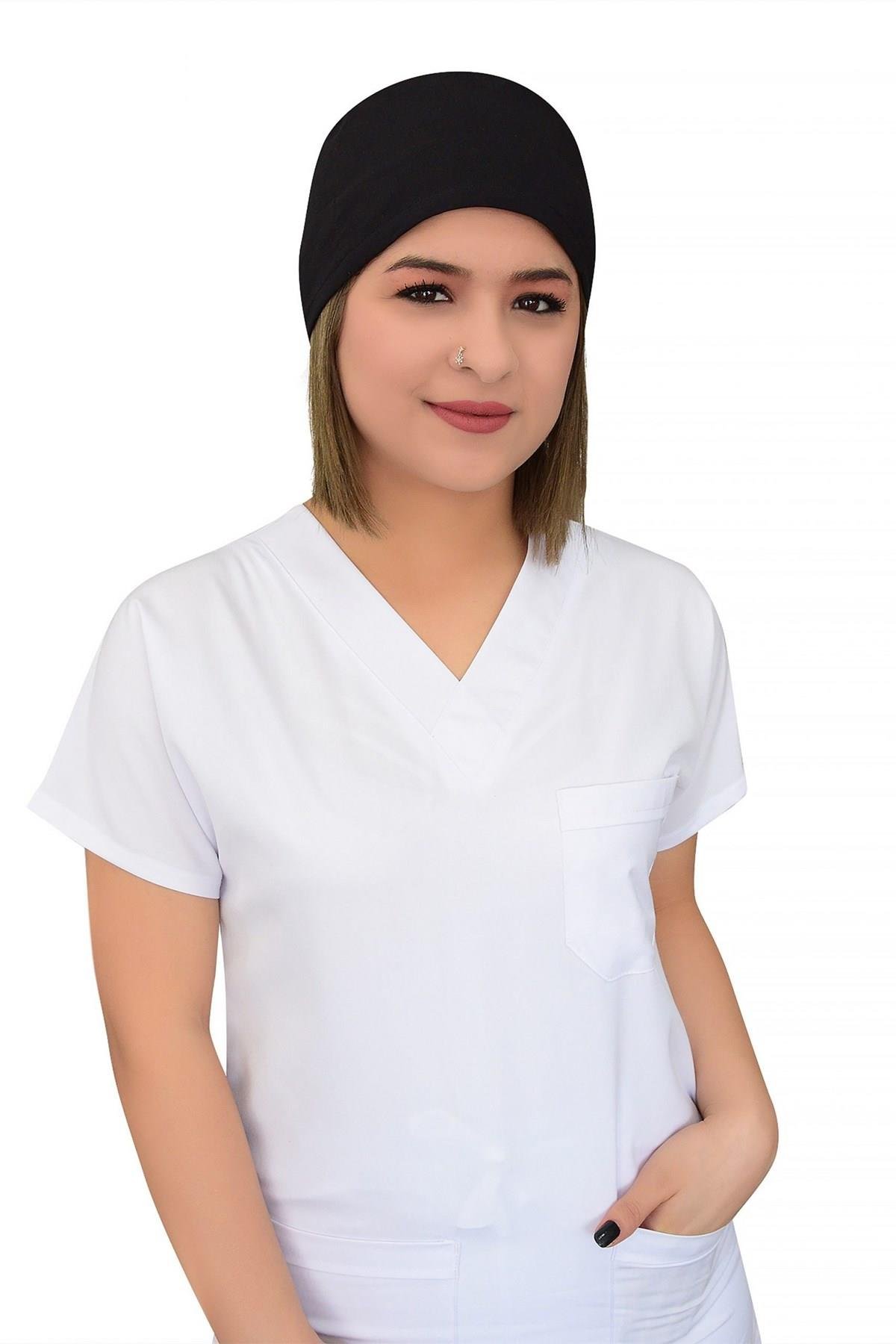 Unisex Düz Siyah Renk Ameliyat Bonesi Hemşire Doktor Saç Bonesi-Nur Medikal Giyim