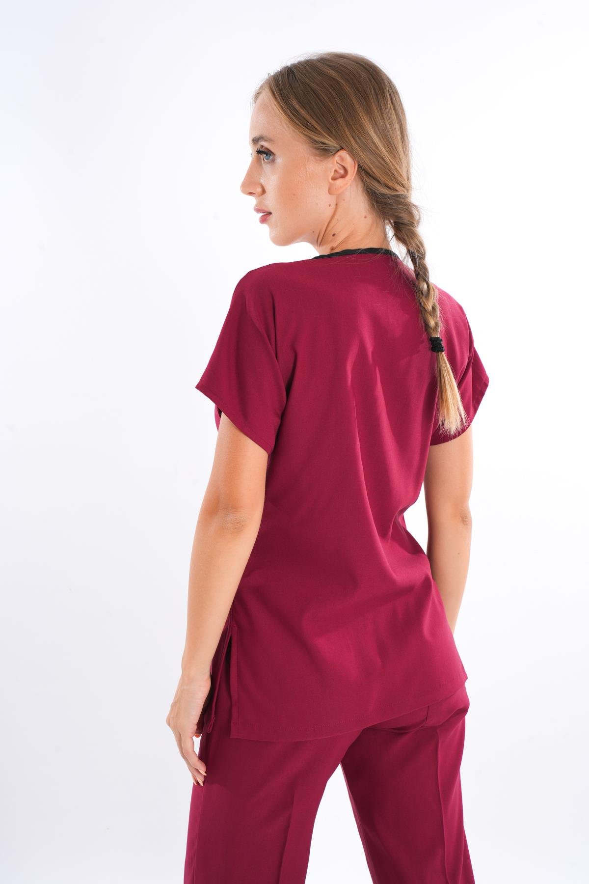 Unisex Elit Likra Açık Bordo Hemşire Ve Doktor Üniforma Takımı Scrubs-Nur Medikal Giyim