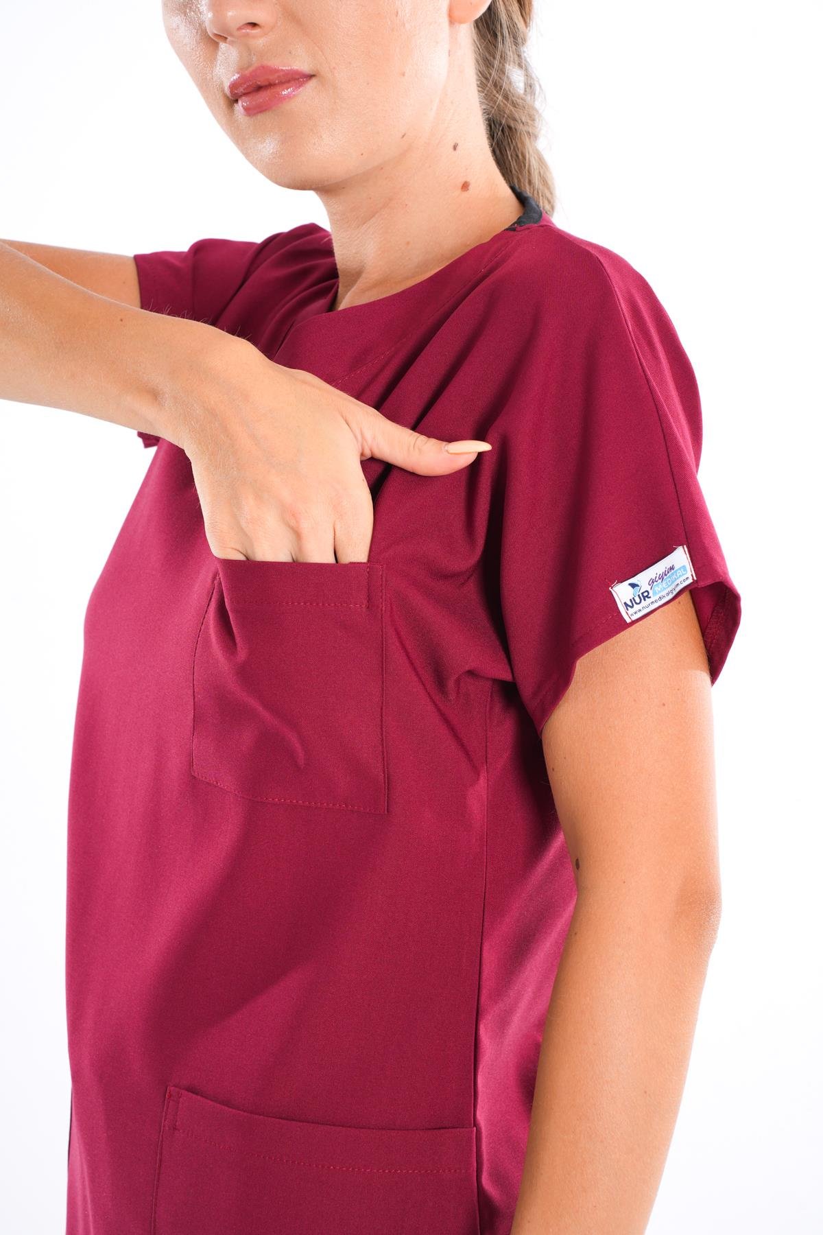 Unisex Elit Likra Açık Bordo Hemşire Ve Doktor Üniforma Takımı Scrubs-Nur Medikal Giyim