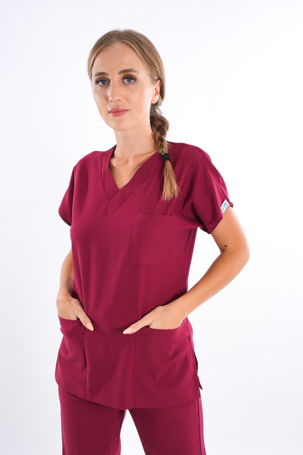 Unisex Elit Likra Açık Bordo Hemşire Ve Doktor Üniforma Takımı Scrubs-Nur Medikal Giyim