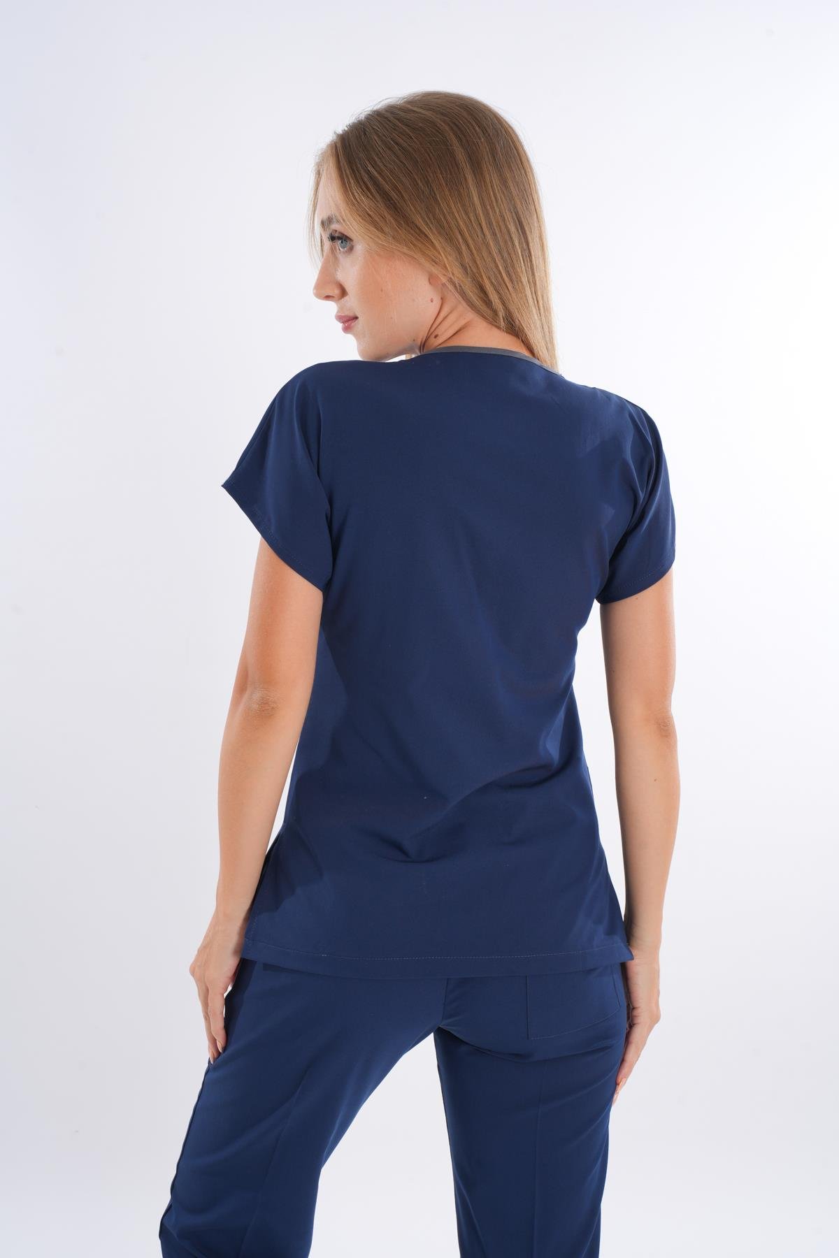 Unisex Elit Likra Lacivert Hemşire Ve Doktor Üniforma Takımı Scrubs-Nur Medikal Giyim