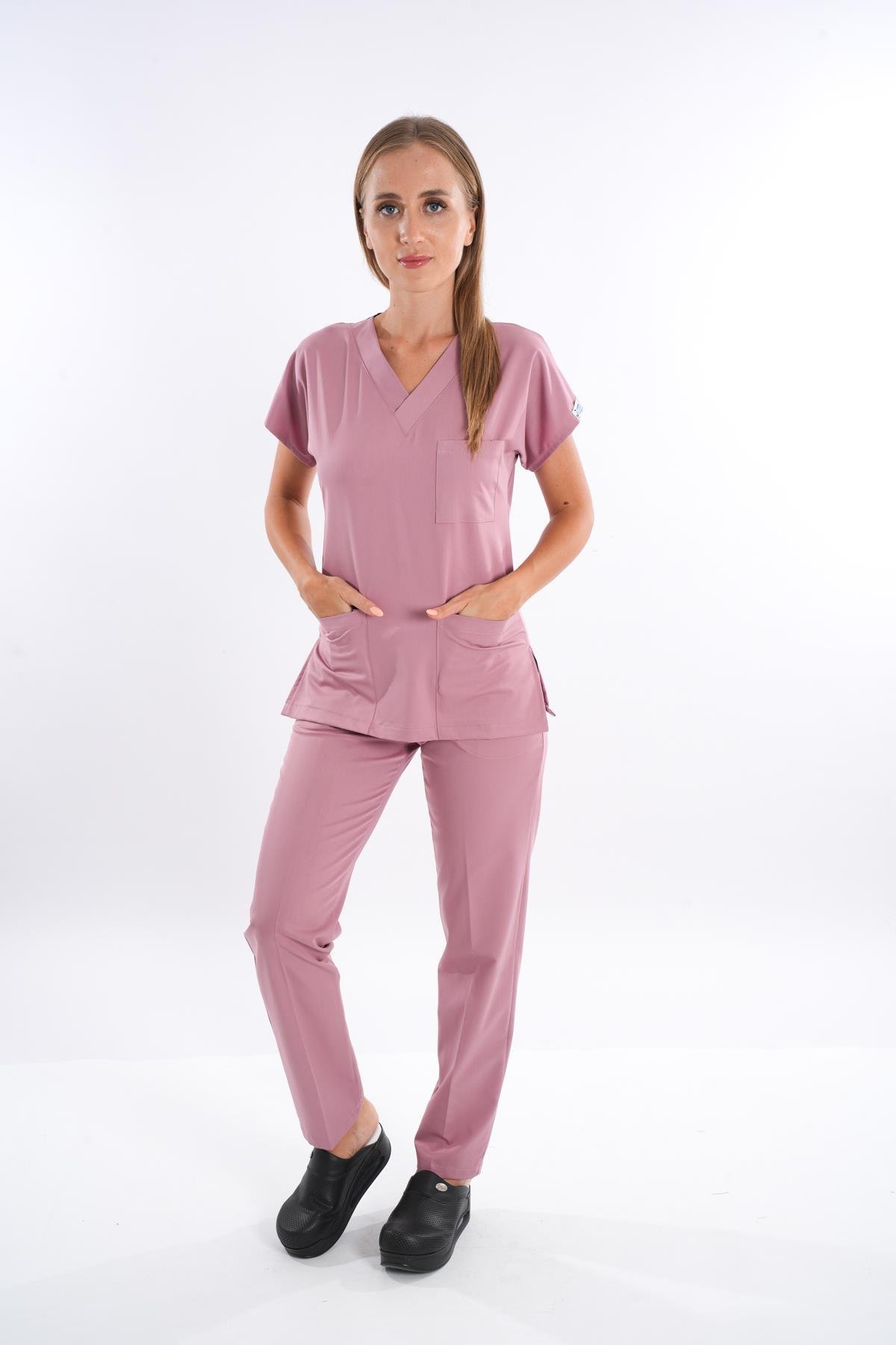 Unisex Elit Likra Pudra Hemşire Ve Doktor Üniforma Takımı Scrubs-Nur Medikal Giyim