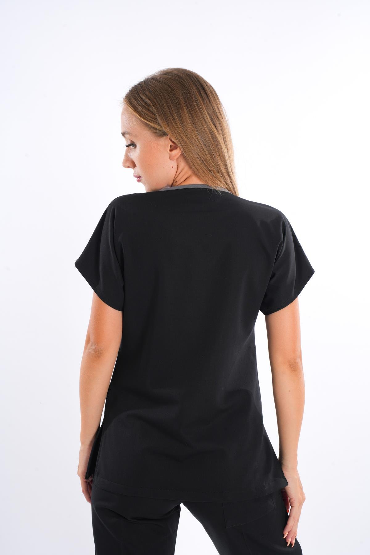 Unisex Elit Likra Siyah Hemşire ve Doktor Üniforma Takımı Scrubs-Nur Medikal Giyim