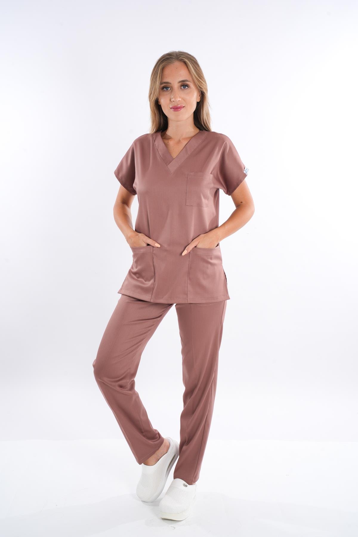 Unisex Elit Likra Sütlü Kahve Hemşire Ve Doktor Üniforma Takımı Scrubs-Nur Medikal Giyim