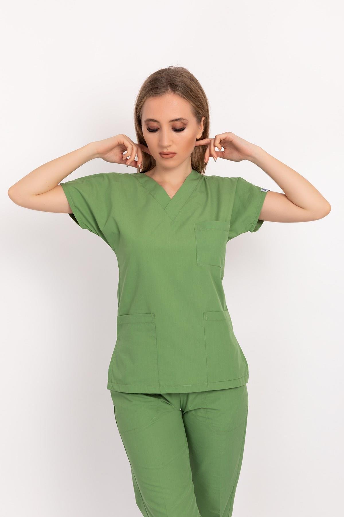 Unisex Fıstık Yeşili Terikoton Doktor Hemşire Takımı Scrubs-Nur Medikal Giyim