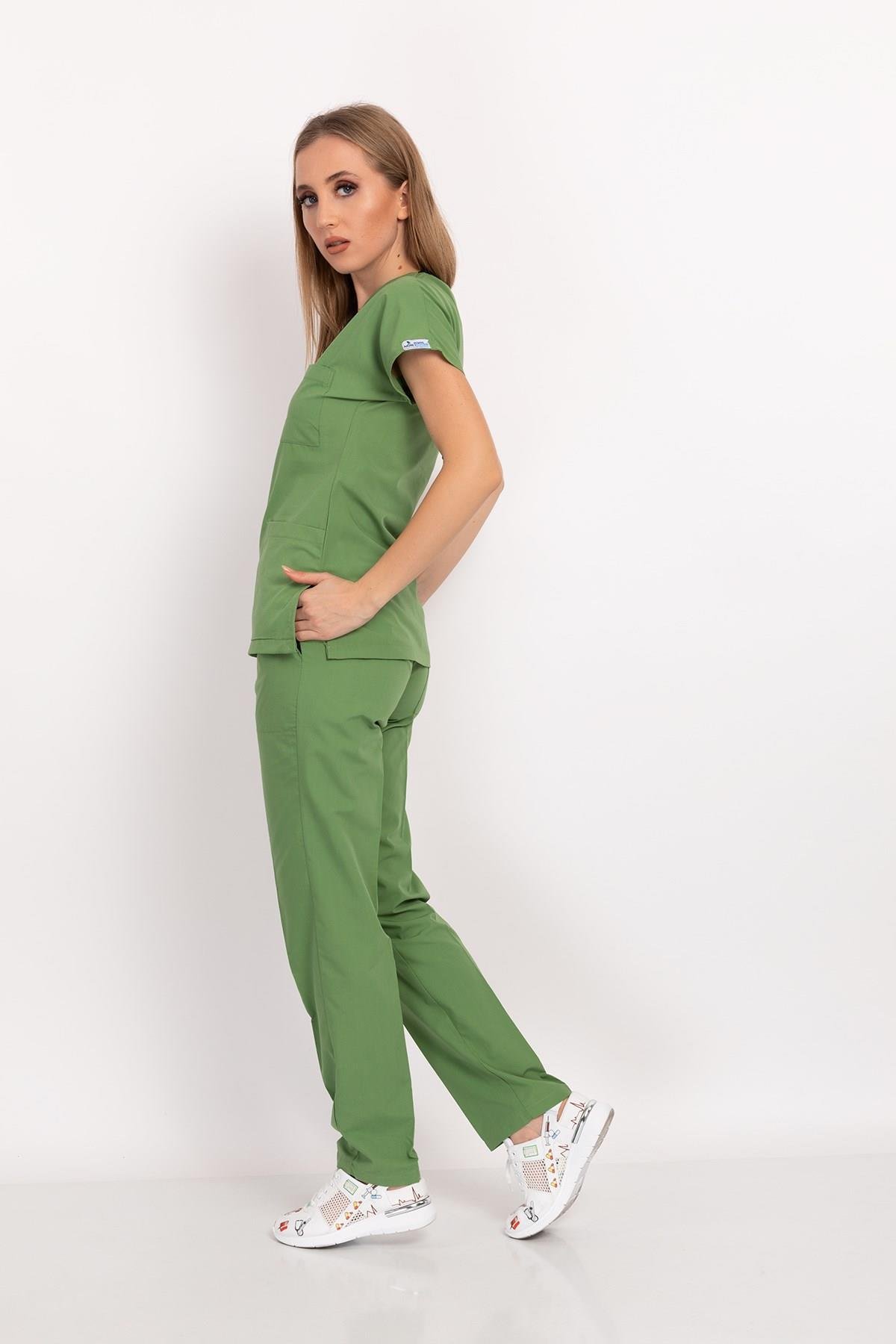 Unisex Fıstık Yeşili Terikoton Doktor Hemşire Takımı Scrubs-Nur Medikal Giyim