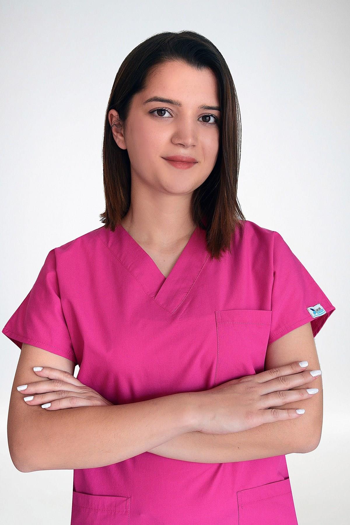 Unisex Fuşya Terikoton Hemşire Doktor Cerrahi Üniforma Takım Scrubs-Nur Medikal Giyim