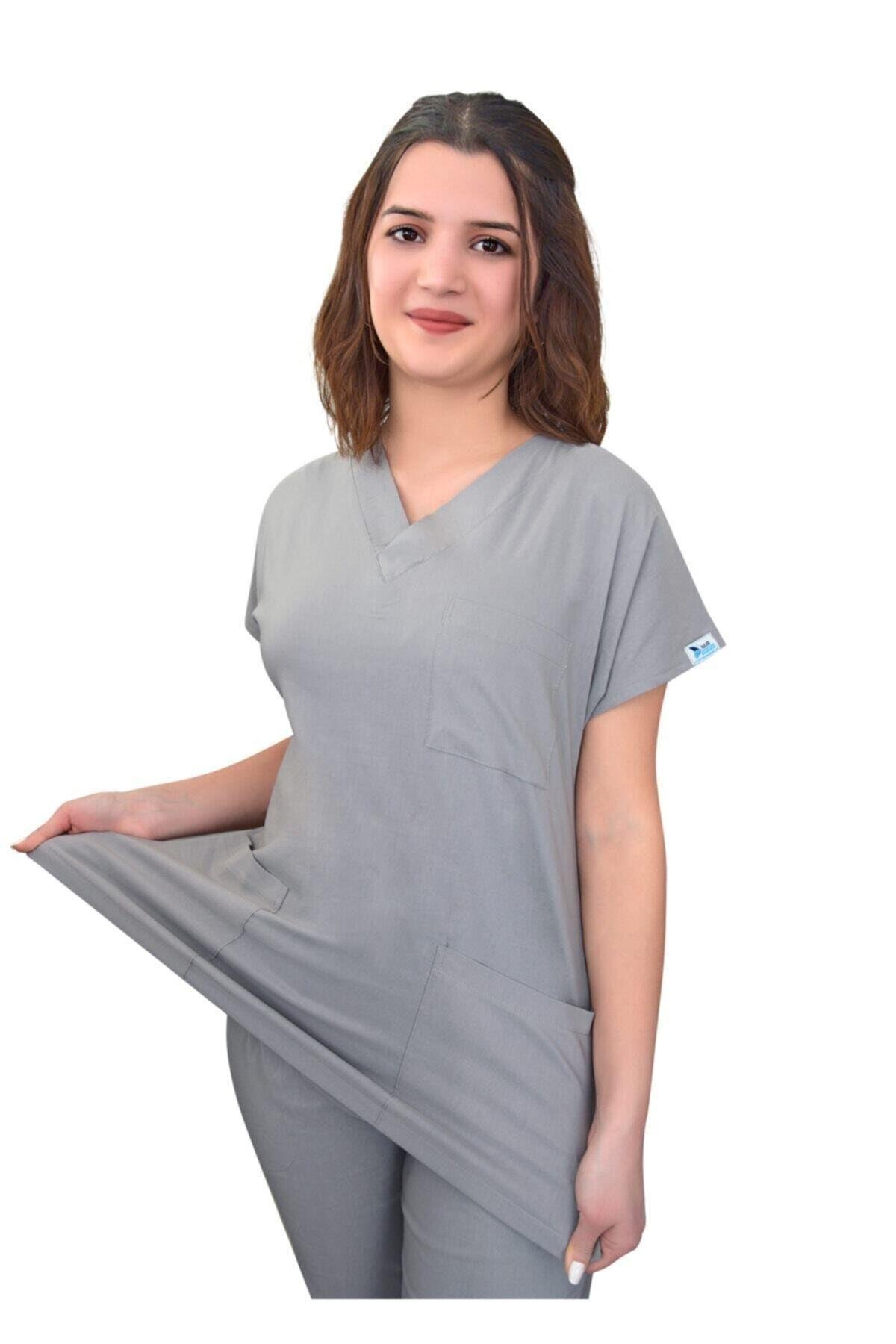 Unisex Gri Likralı Cerrahi Alt Üst Forma Takım-Nur Ortopedi