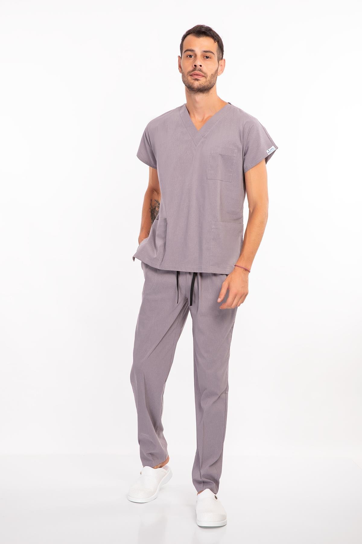 Unisex Gri Terikoton Cerrahi Hemşire Doktor Üniforma Takım Scrubs-Nur Medikal Giyim