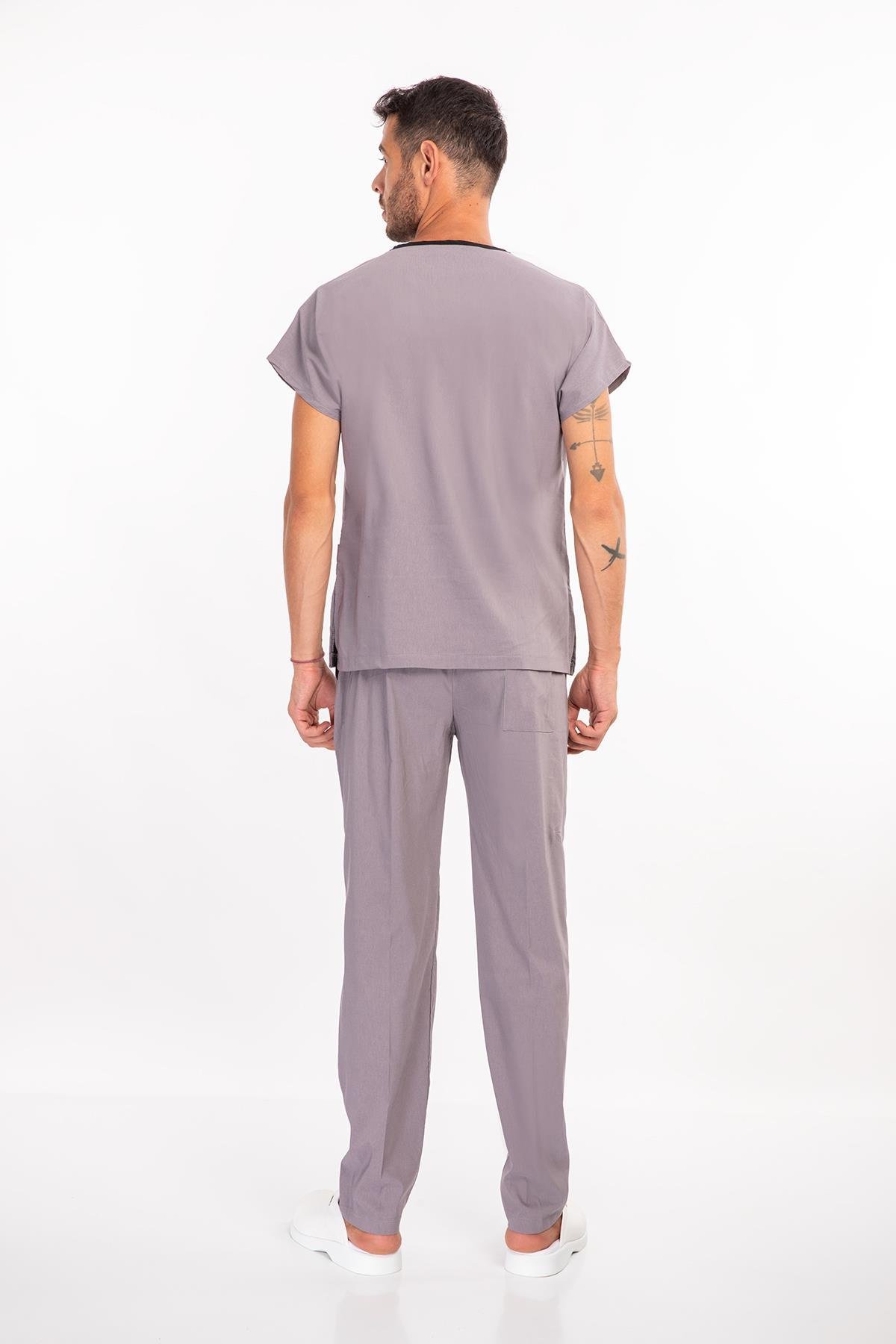 Unisex Gri Terikoton Cerrahi Hemşire Doktor Üniforma Takım Scrubs-Nur Medikal Giyim