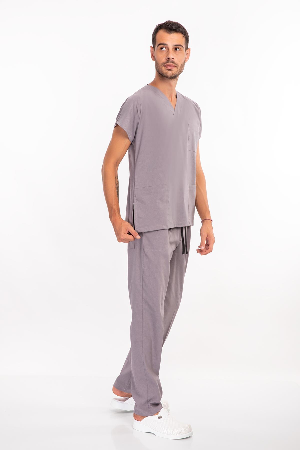 Unisex Gri Terikoton Cerrahi Hemşire Doktor Üniforma Takım Scrubs-Nur Medikal Giyim