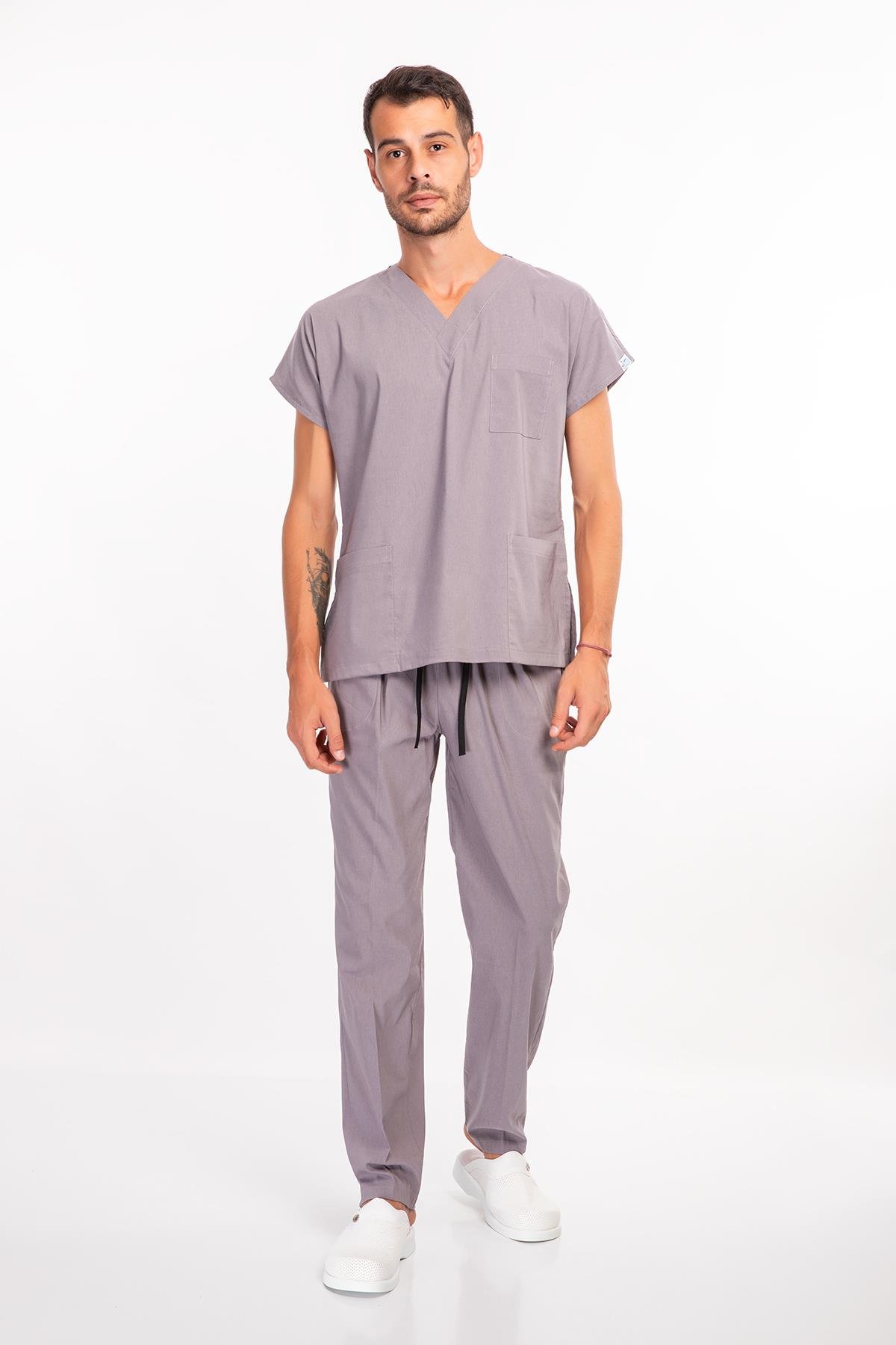 Unisex Gri Terikoton Cerrahi Hemşire Doktor Üniforma Takım Scrubs-Nur Medikal Giyim