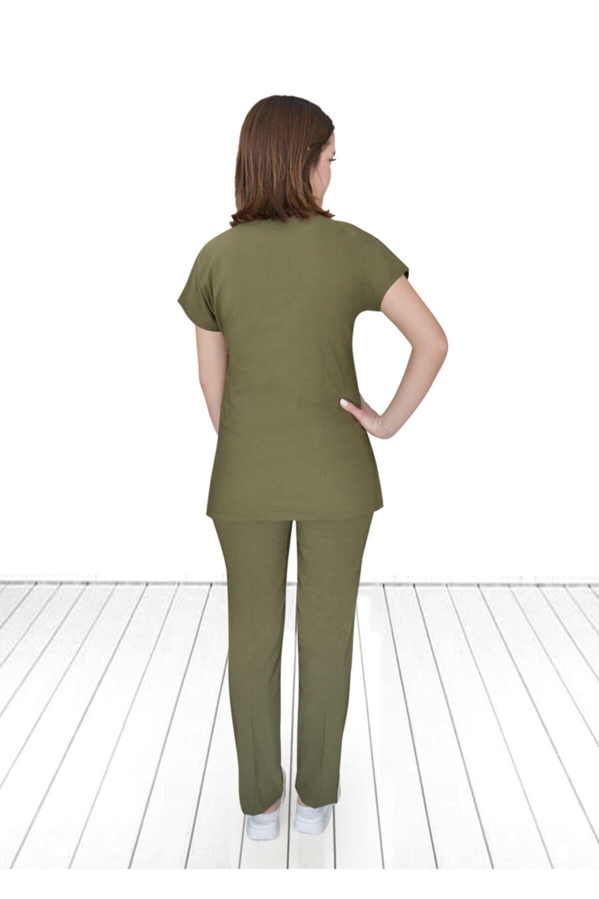 Unisex Haki Likralı Alt Üst Forma Takım Scrubs-Nur Medikal Giyim