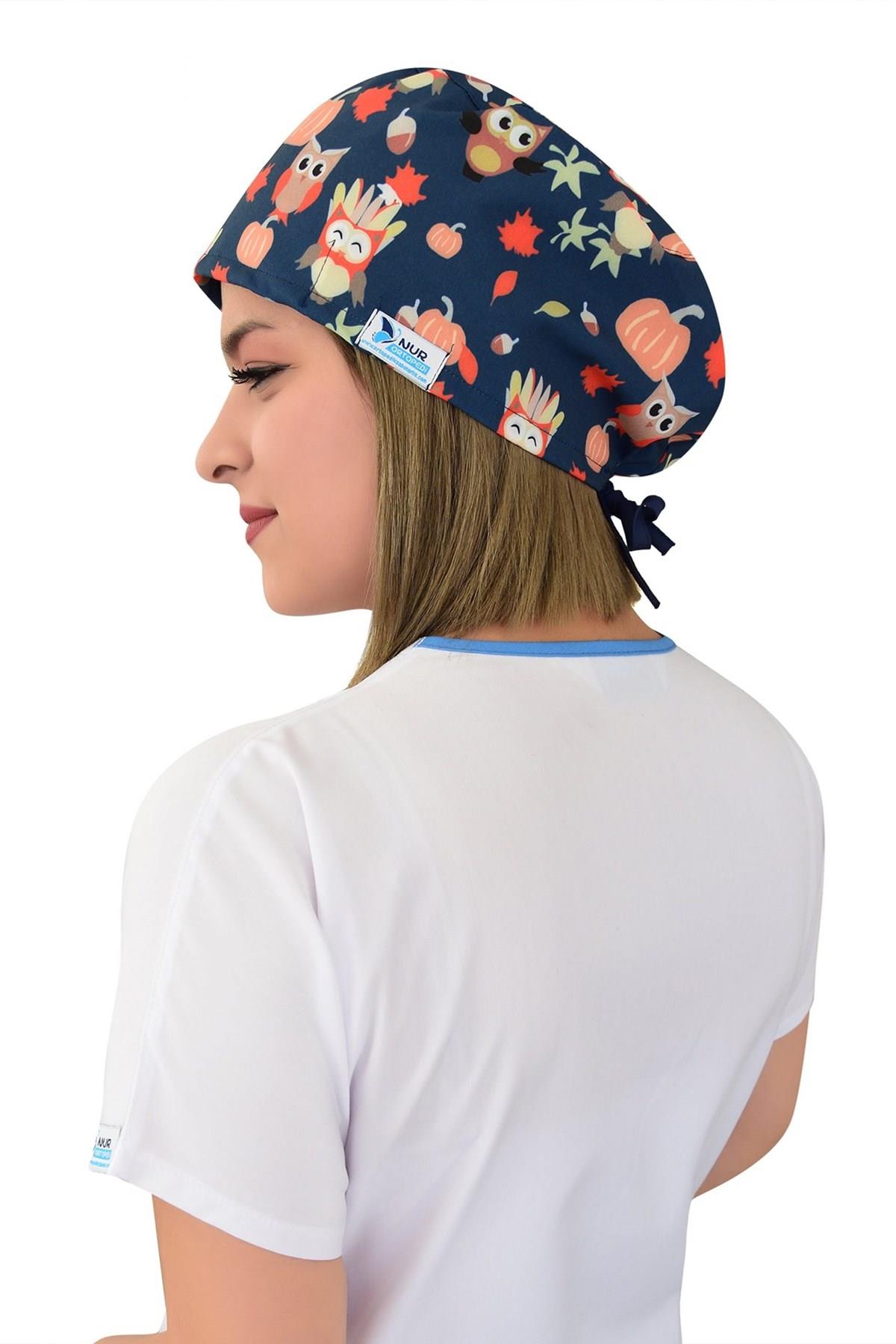 Unisex Kabaklı Baykuş Desenli Cerrahi Bone Hemşire Saç Bonesi-Nur Medikal Giyim
