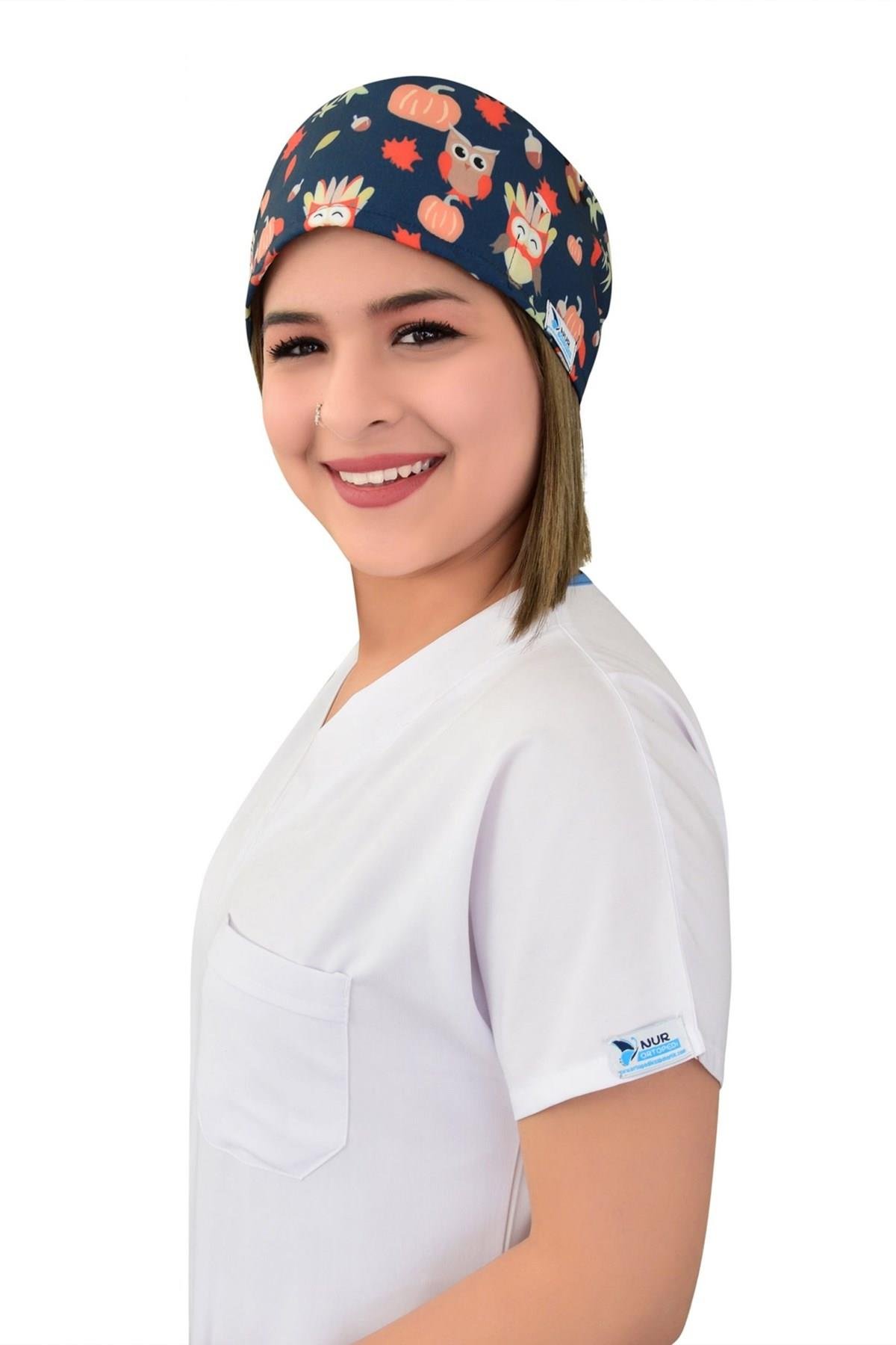 Unisex Kabaklı Baykuş Desenli Cerrahi Bone Hemşire Saç Bonesi-Nur Medikal Giyim