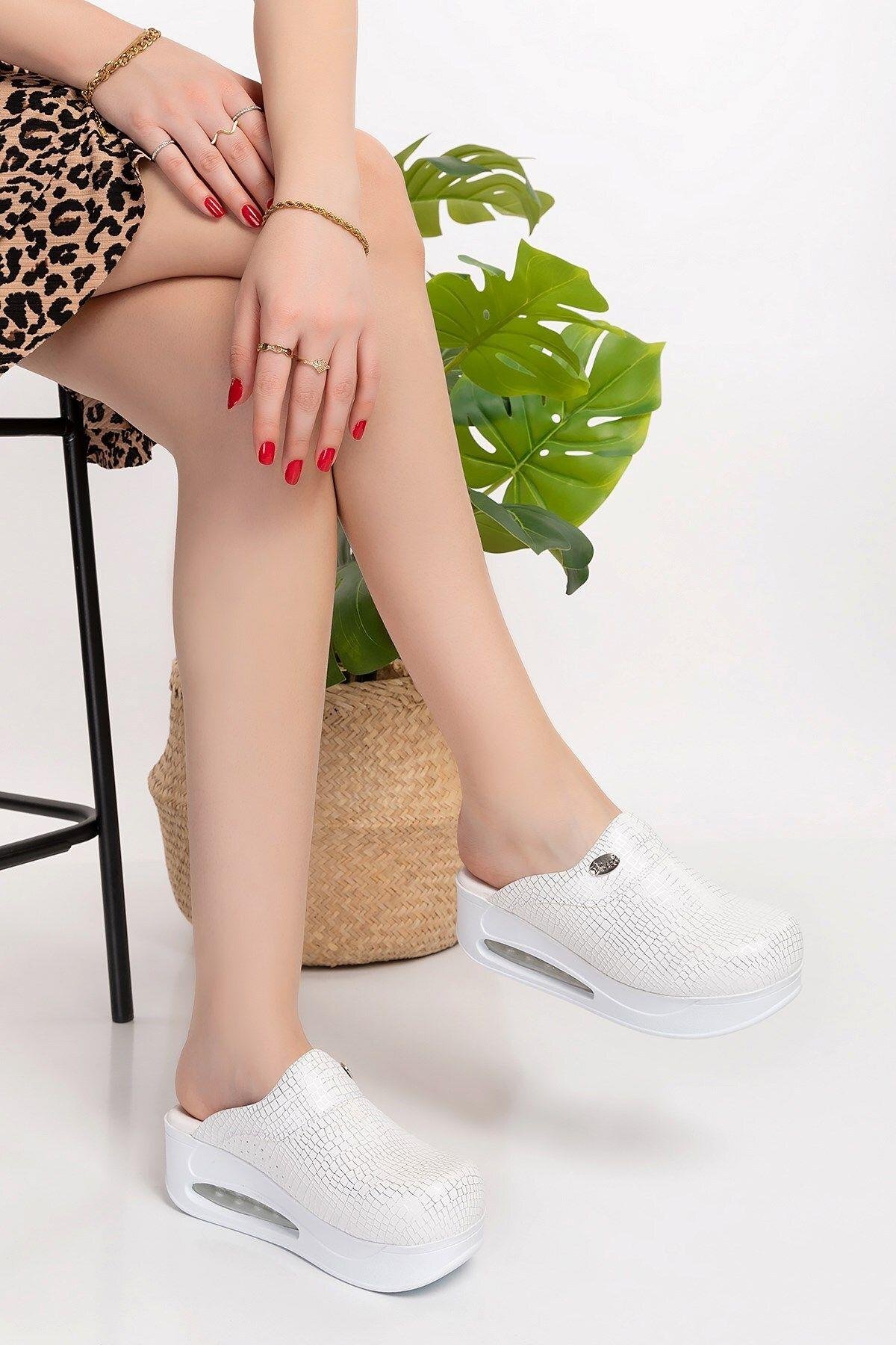 Unisex Kadın Erkek Beyaz Gümüş Simli Desenli Balon Taban Sabo900 Aşçı Doktor Hemşire Hastane Terliği-Nur Ortopedi