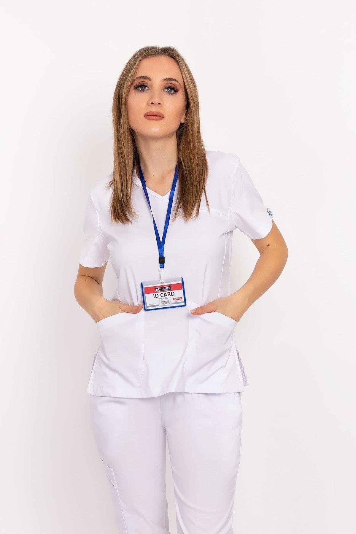 Unisex Kadın Erkek Beyaz Renk Soft Likralı Jogger Doktor Hemşire Hastane Cerrahi Takım-Nur Medikal Giyim