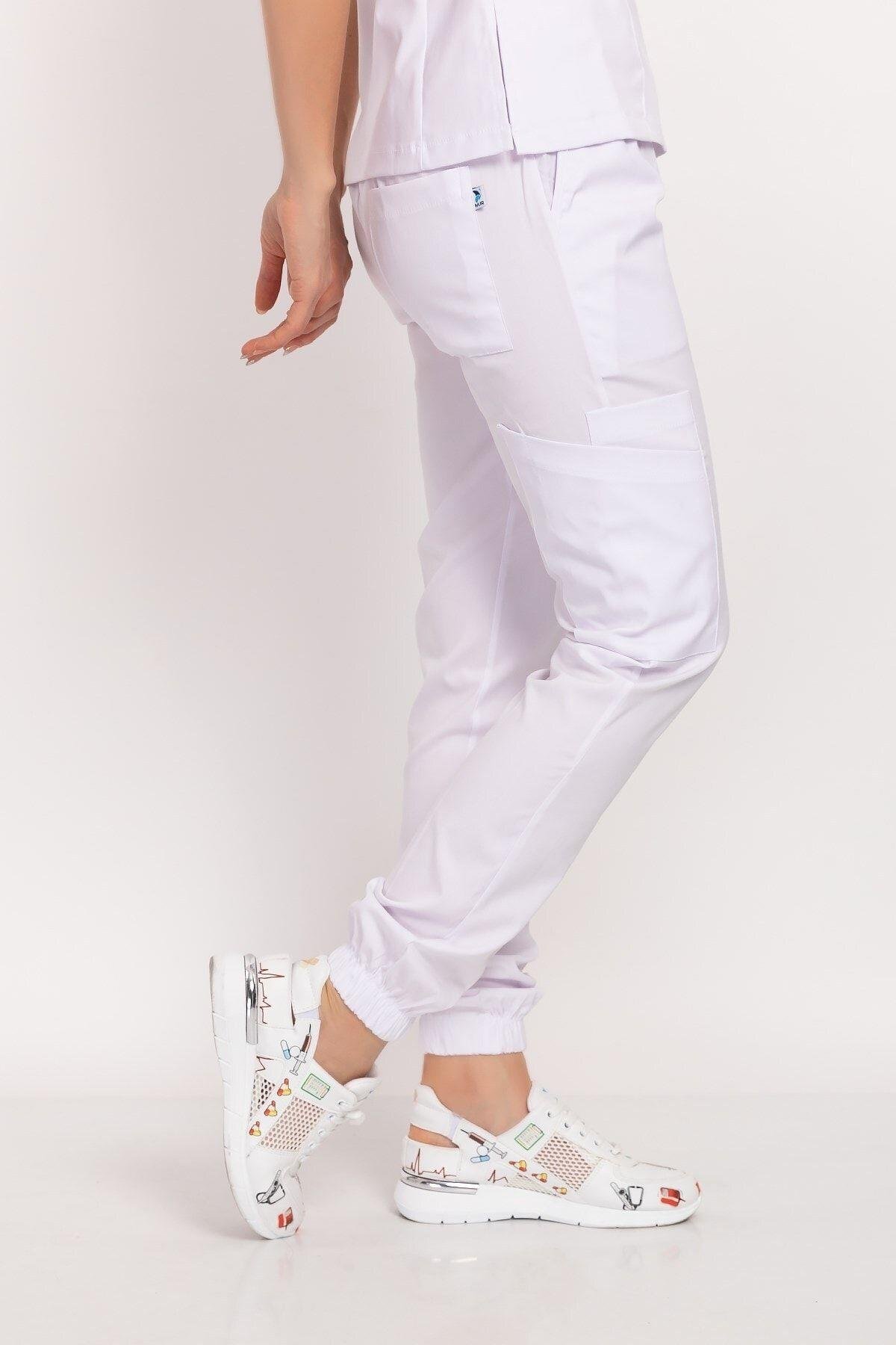 Unisex Kadın Erkek Beyaz Renk Soft Likralı Jogger Doktor Hemşire Hastane Cerrahi Takım-Nur Medikal Giyim