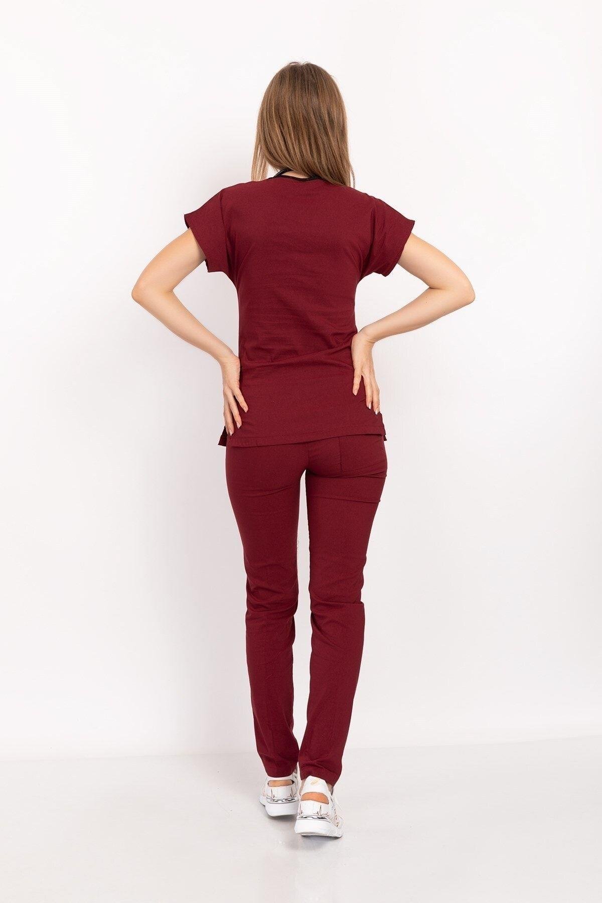 Unisex Kadın Erkek Bordo Renk Likralı Doktor Hemşire Hastane Scrubs Üniforma Takımı-Nur Medikal Giyim