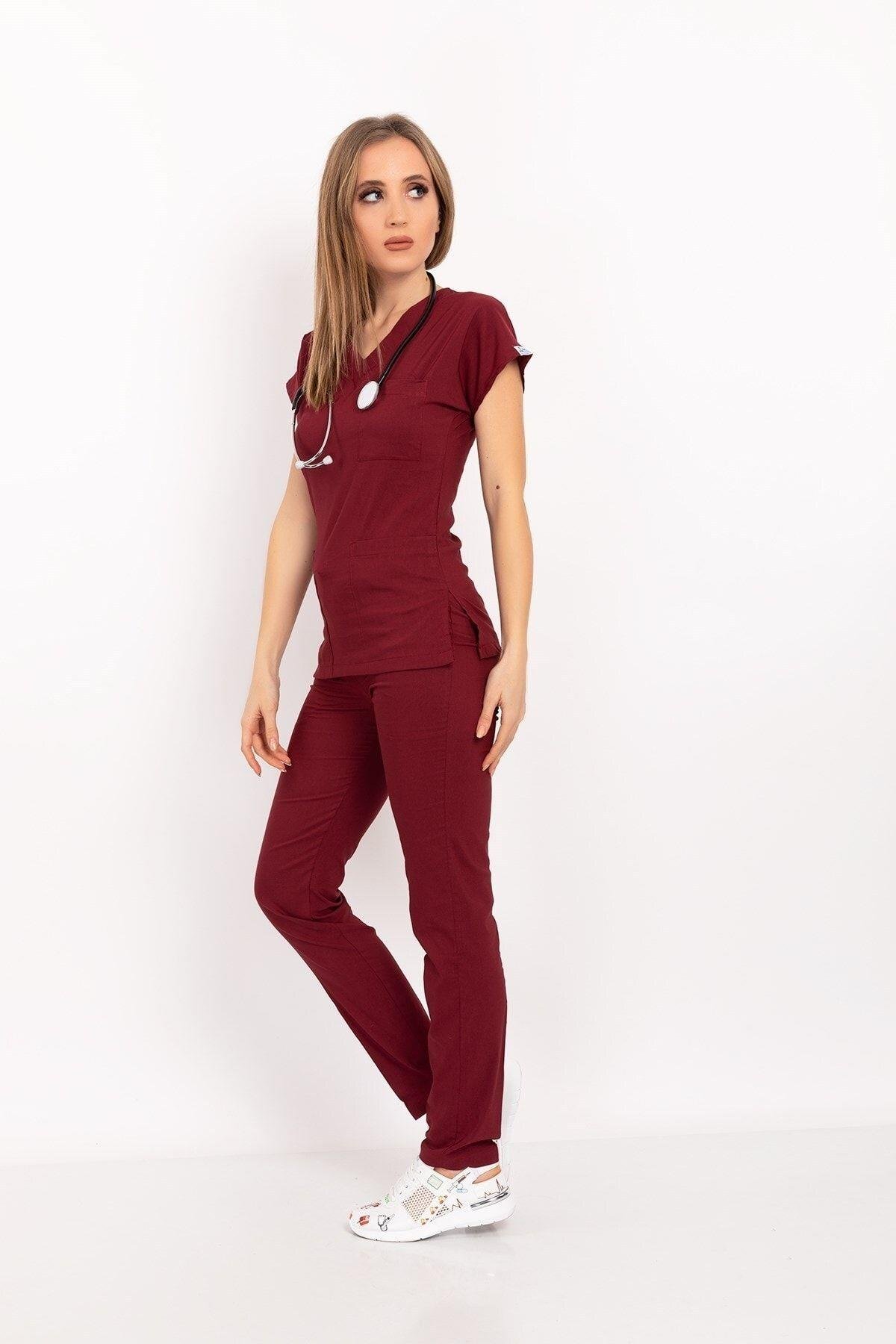 Unisex Kadın Erkek Bordo Renk Likralı Doktor Hemşire Hastane Scrubs Üniforma Takımı-Nur Medikal Giyim