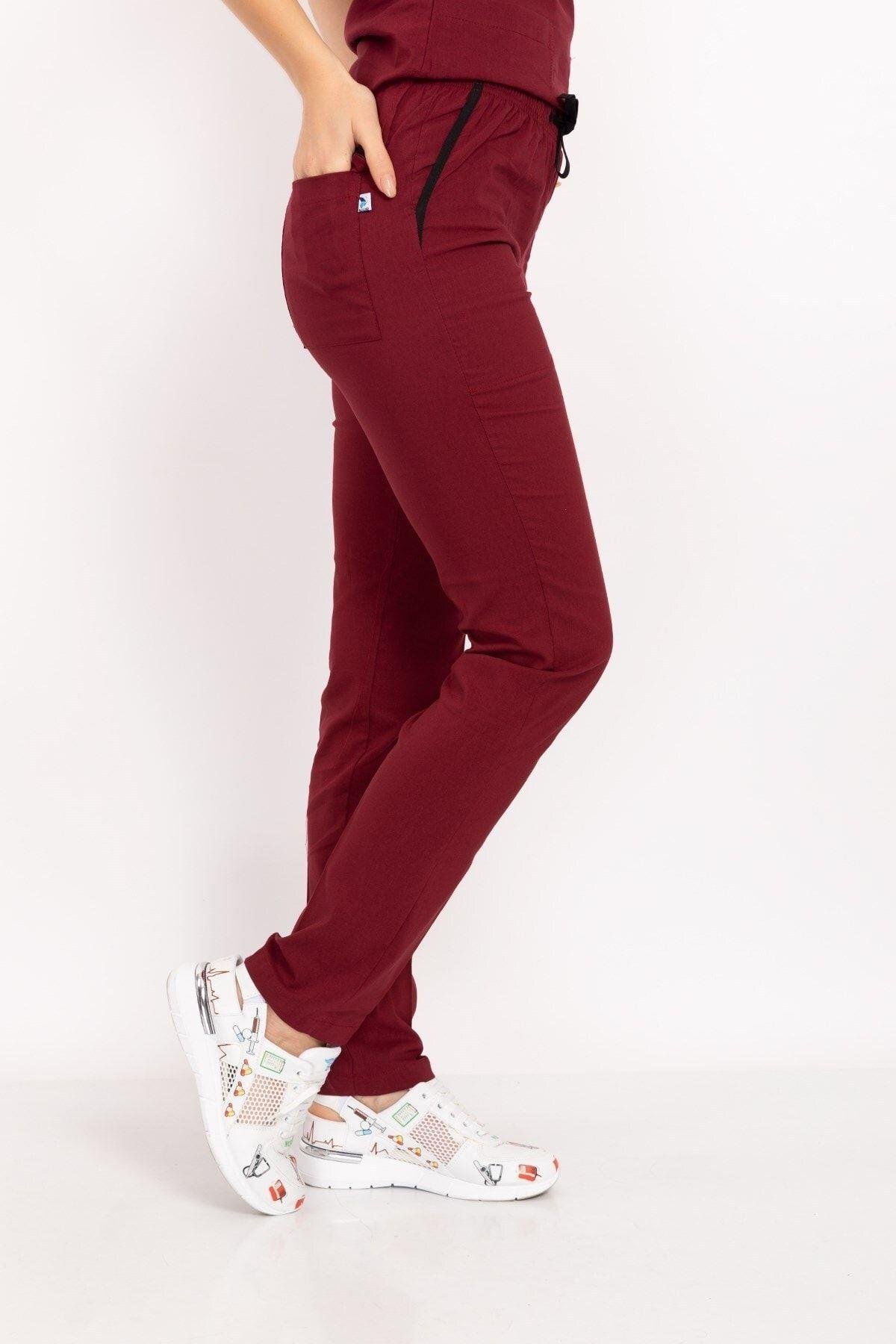 Unisex Kadın Erkek Bordo Renk Likralı Doktor Hemşire Hastane Scrubs Üniforma Takımı-Nur Medikal Giyim