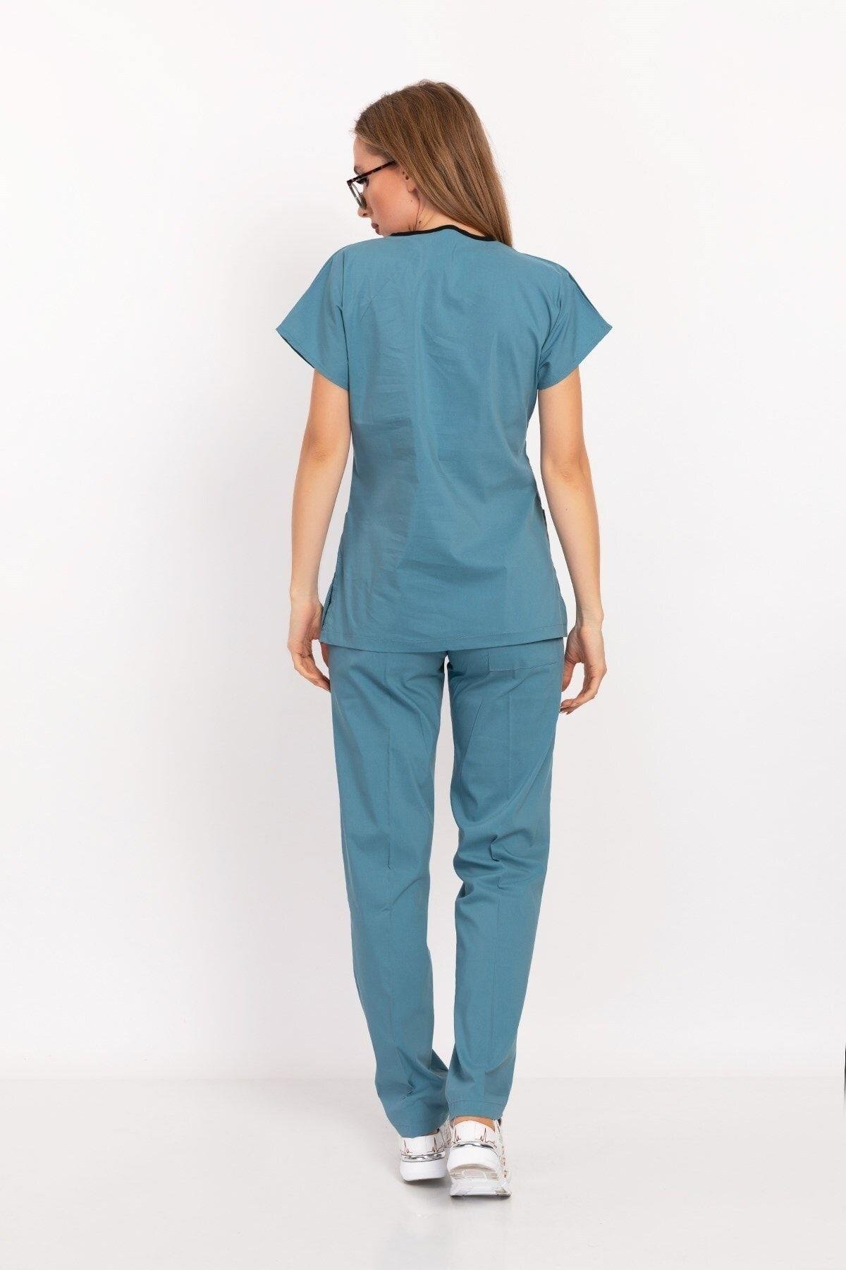 Unisex Kadın Erkek Cool Petrol Mavi Likralı Doktor Hemşire Hastane Scrubs Üniforma Takımı-Nur Medikal Giyim