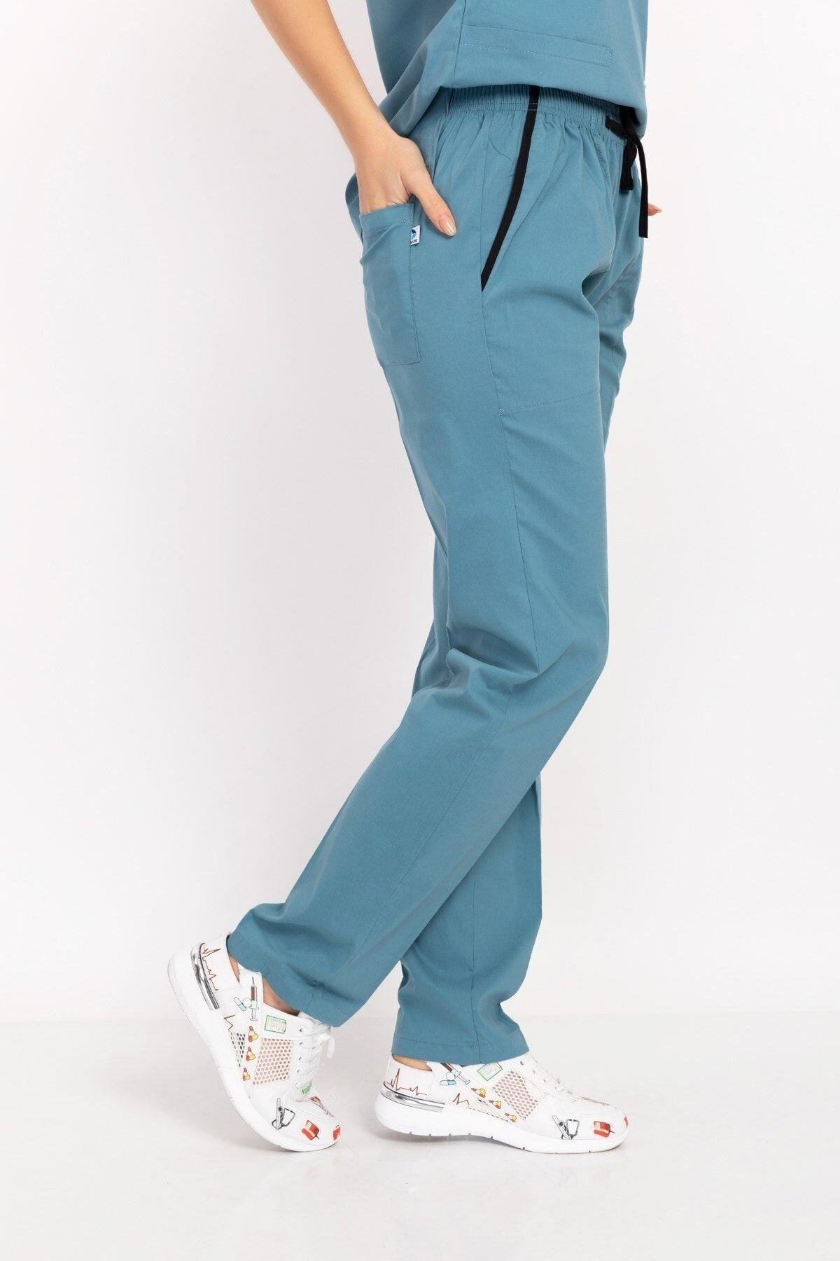 Unisex Kadın Erkek Cool Petrol Mavi Likralı Doktor Hemşire Hastane Scrubs Üniforma Takımı-Nur Medikal Giyim