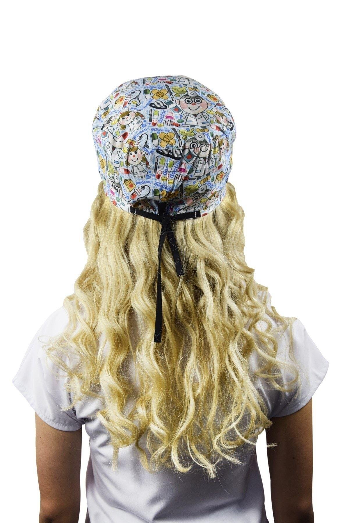 Unisex Kadın Erkek Kadın Erkek Master Likra Doktor desenli Hastane Medikal Cerrahi Bonesi-Nur Medikal Giyim