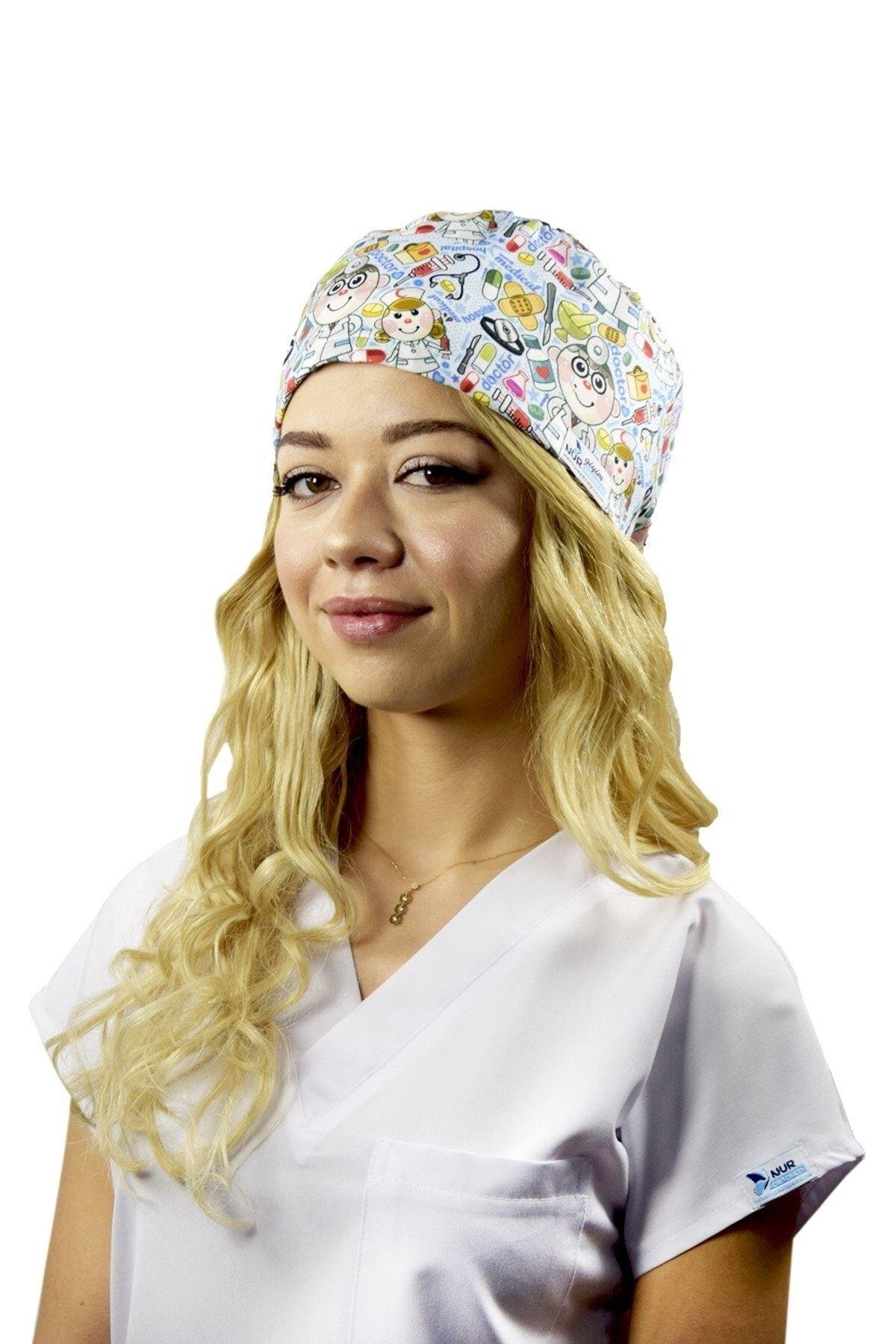 Unisex Kadın Erkek Kadın Erkek Master Likra Doktor desenli Hastane Medikal Cerrahi Bonesi-Nur Medikal Giyim