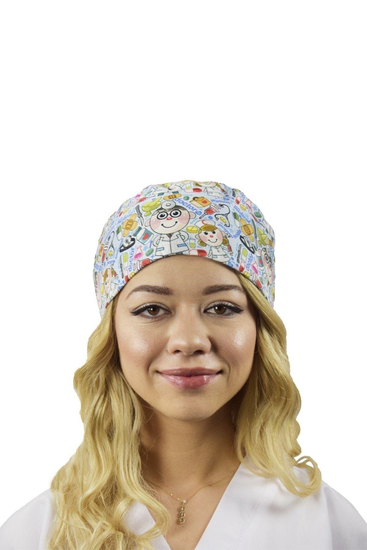 Unisex Kadın Erkek Kadın Erkek Master Likra Doktor desenli Hastane Medikal Cerrahi Bonesi-Nur Medikal Giyim