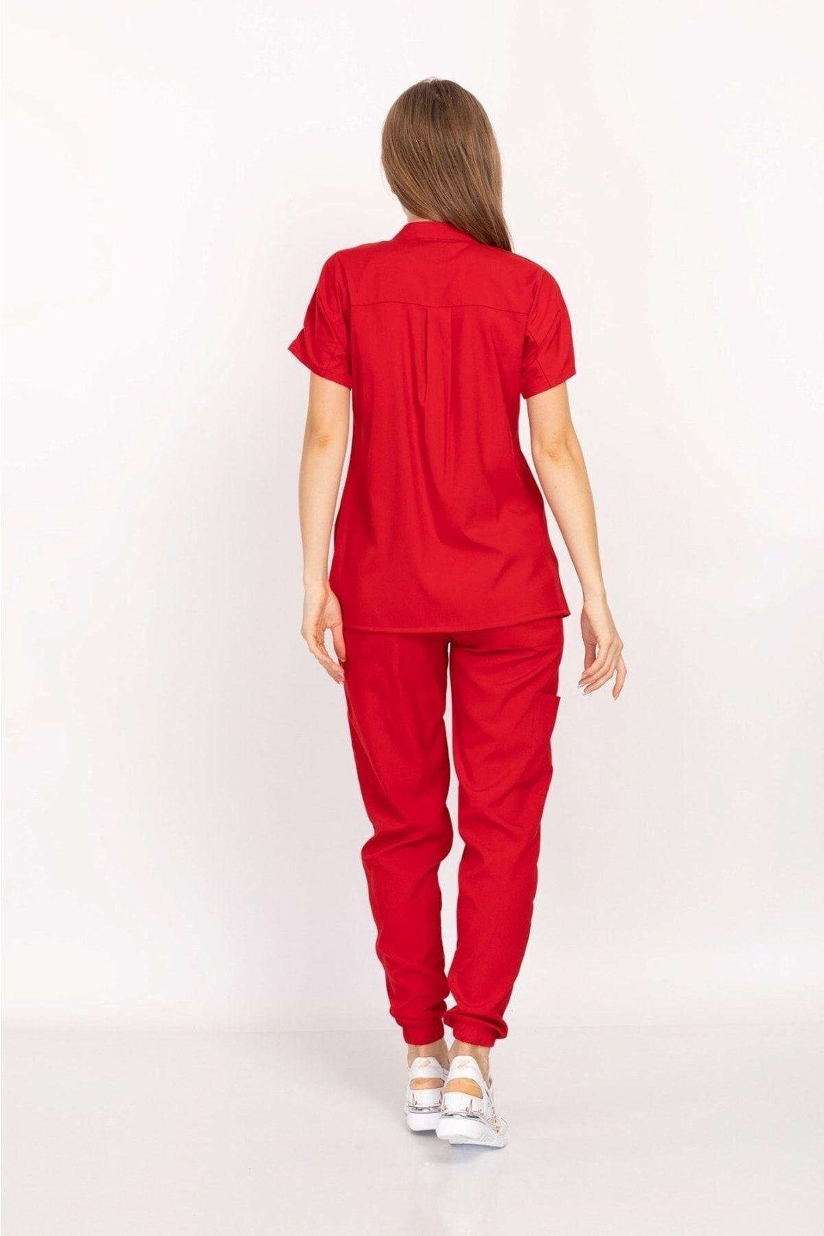 Unisex Kadın Erkek Kırmızı Renk Çıt Çıtlı Hakim Yaka Soft Likra Forma Hemşire Doktor Hastane Takım-Nur Medikal Giyim