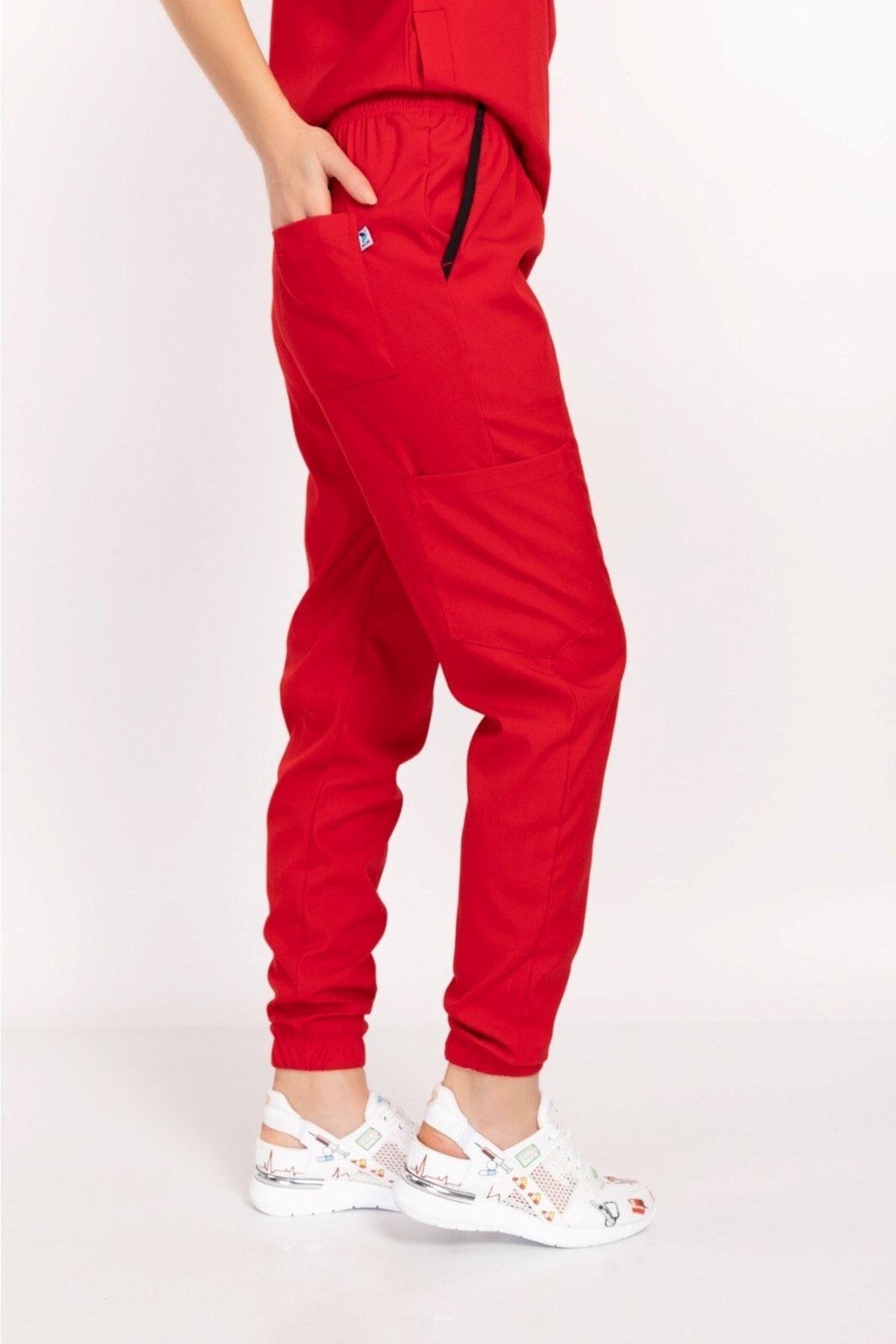 Unisex Kadın Erkek Kırmızı Renk Çıt Çıtlı Hakim Yaka Soft Likra Forma Hemşire Doktor Hastane Takım-Nur Medikal Giyim