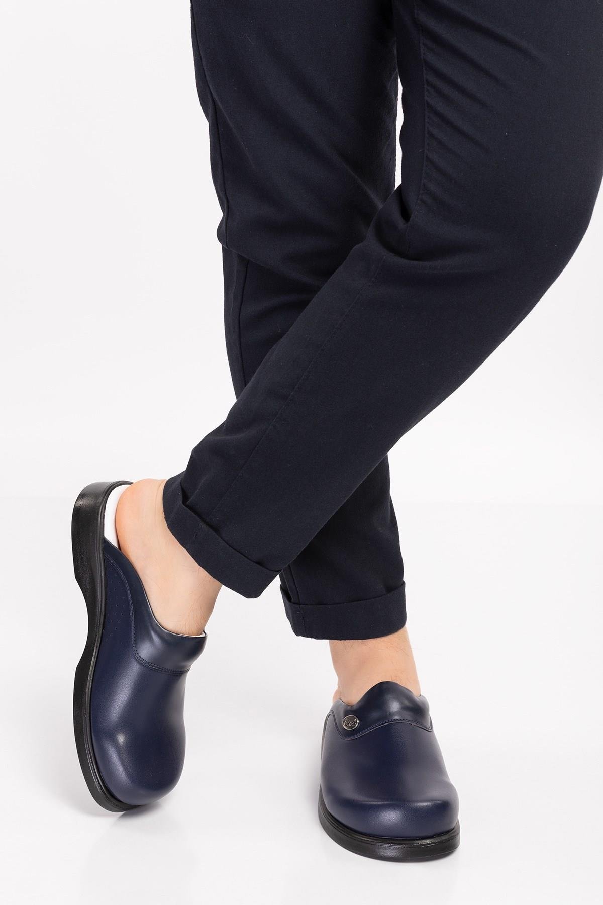 Unisex Kadın Erkek Lacivert Deliksiz Klasik Sabo Ortopedik Doktor Hemşire Aşçı Mutfak Terliği-Nur Ortopedi