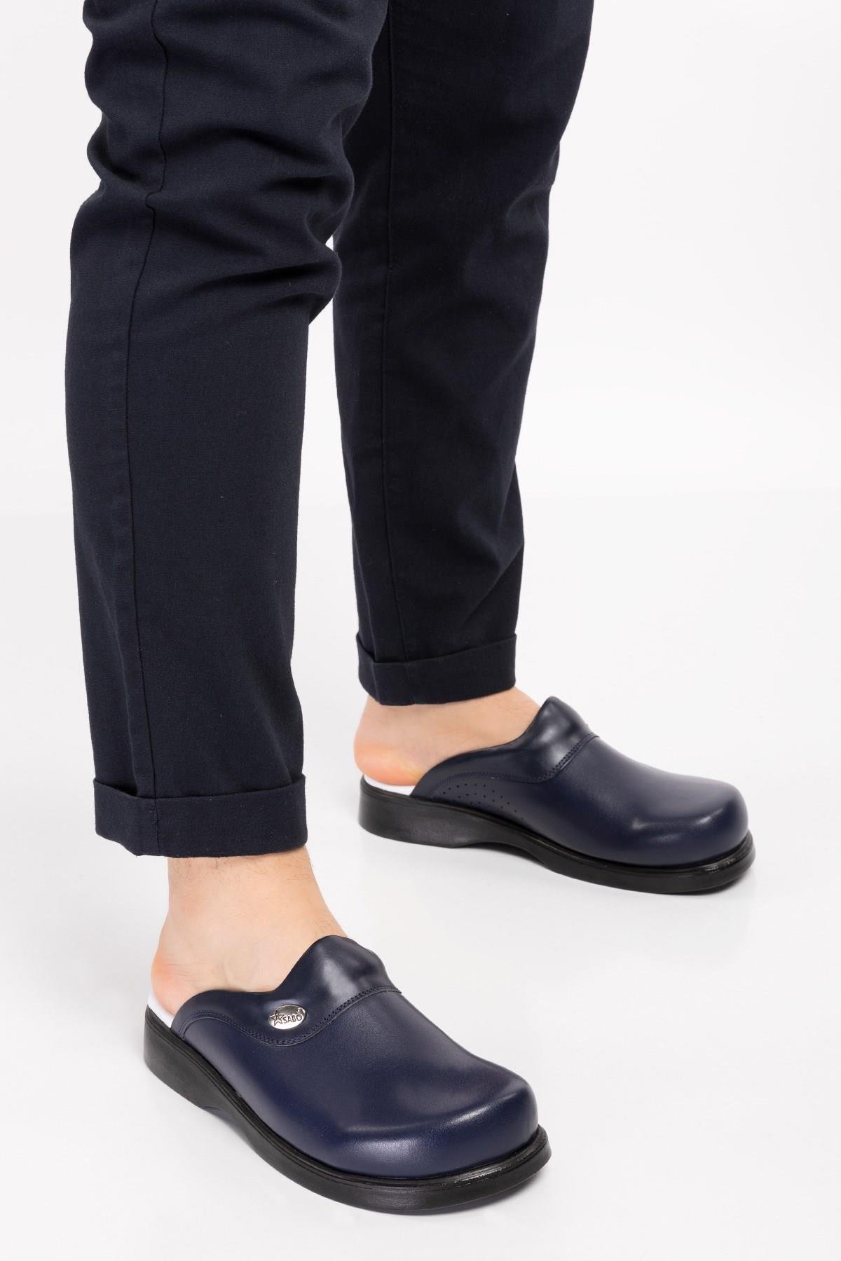 Unisex Kadın Erkek Lacivert Deliksiz Klasik Sabo Ortopedik Doktor Hemşire Aşçı Mutfak Terliği-Nur Ortopedi