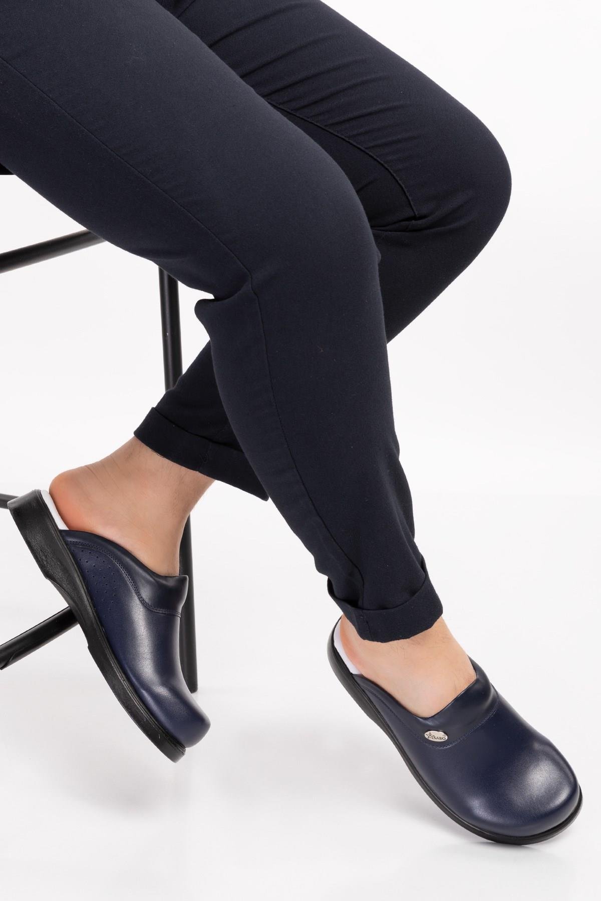 Unisex Kadın Erkek Lacivert Deliksiz Klasik Sabo Ortopedik Doktor Hemşire Aşçı Mutfak Terliği-Nur Ortopedi