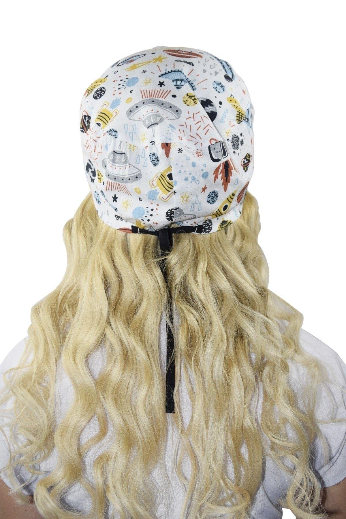 Unisex Kadın Erkek Master Likra Beyaz Gezegen Desenli Doktor Hemşire Hastane Cerrahi Bonesi-Nur Medikal Giyim