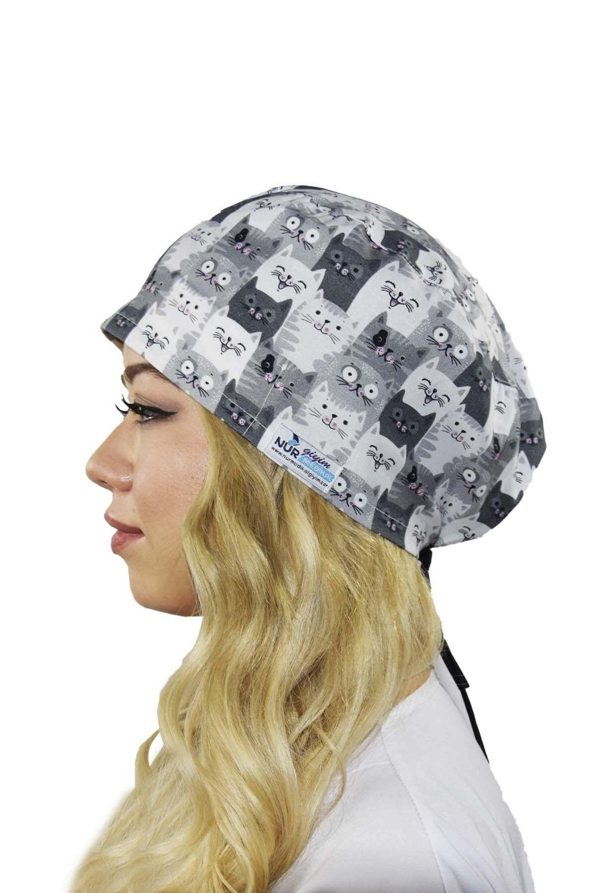 Unisex Kadın Erkek Master Likra Gri Kediler Desenli Doktor Hemşire Veteriner Hastane Cerrahi Bonesi-Nur Medikal Giyim