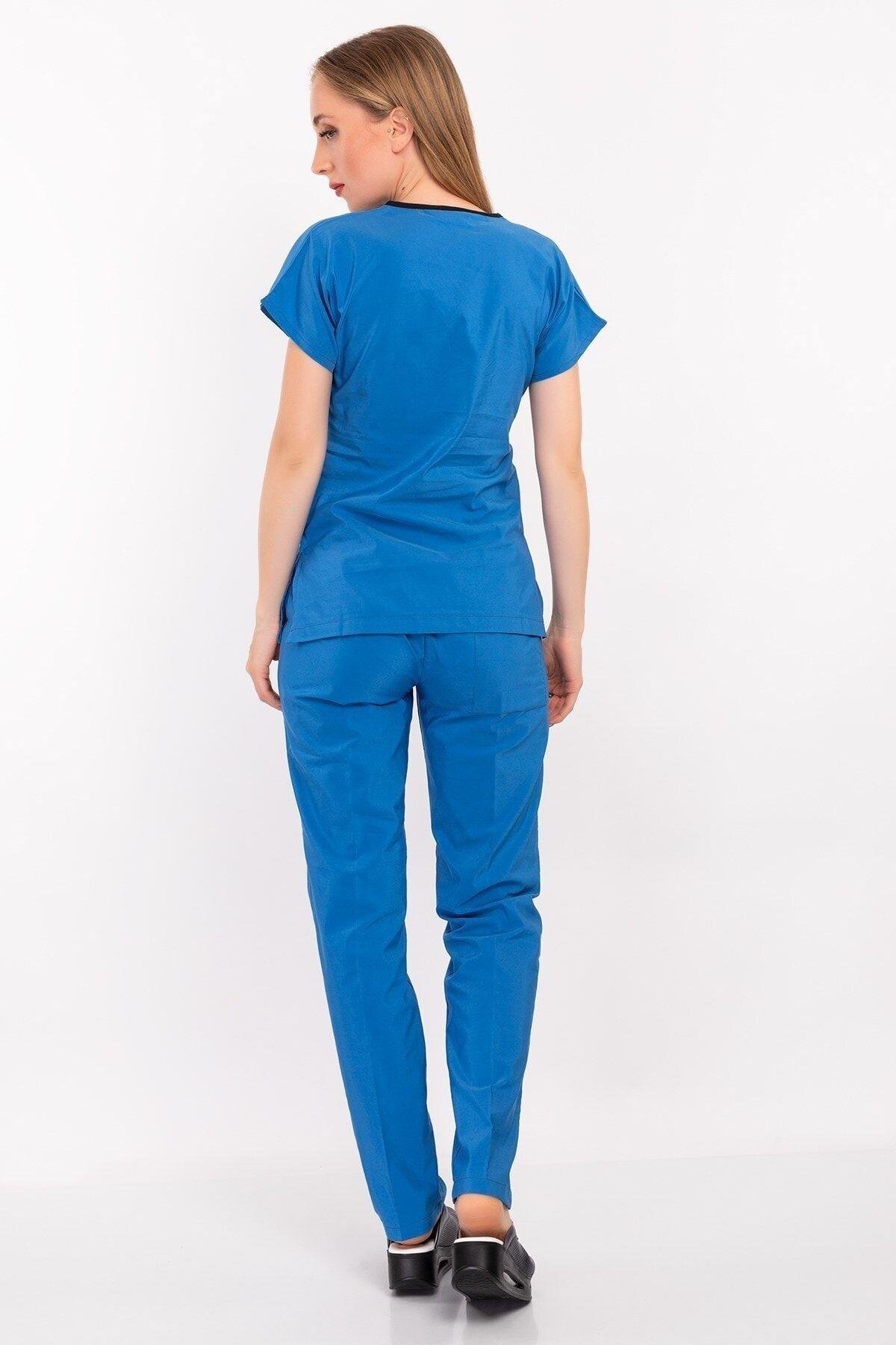 Unisex Kadın Erkek Safir Terikoton Kumaş Doktor Hemşire Cerrahi Hastane Scrubs Üniforma Takımı-Nur Medikal Giyim
